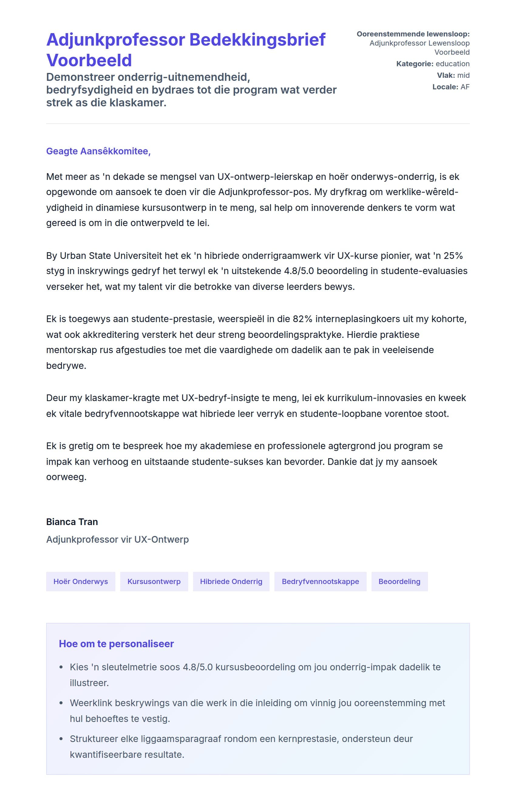 Solbrief-voorskou vir Adjunkprofessor Bedekkingsbrief Voorbeeld