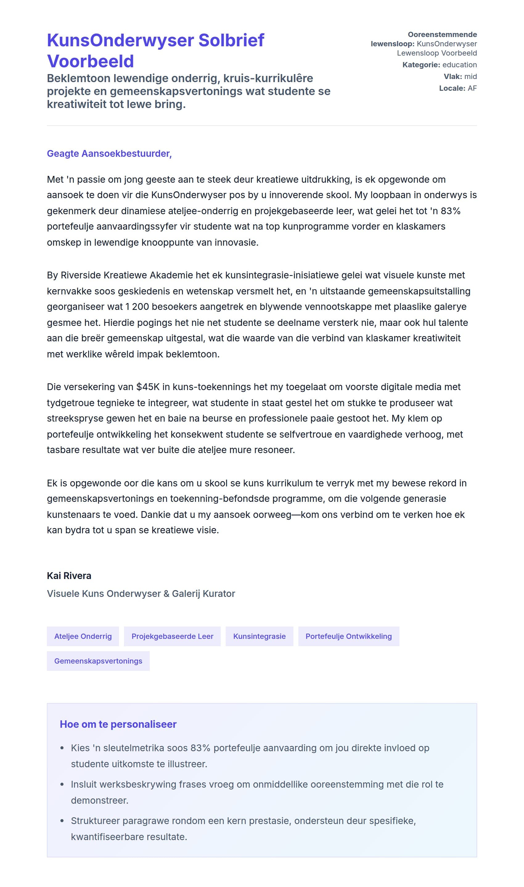 Solbrief-voorskou vir KunsOnderwyser Solbrief Voorbeeld