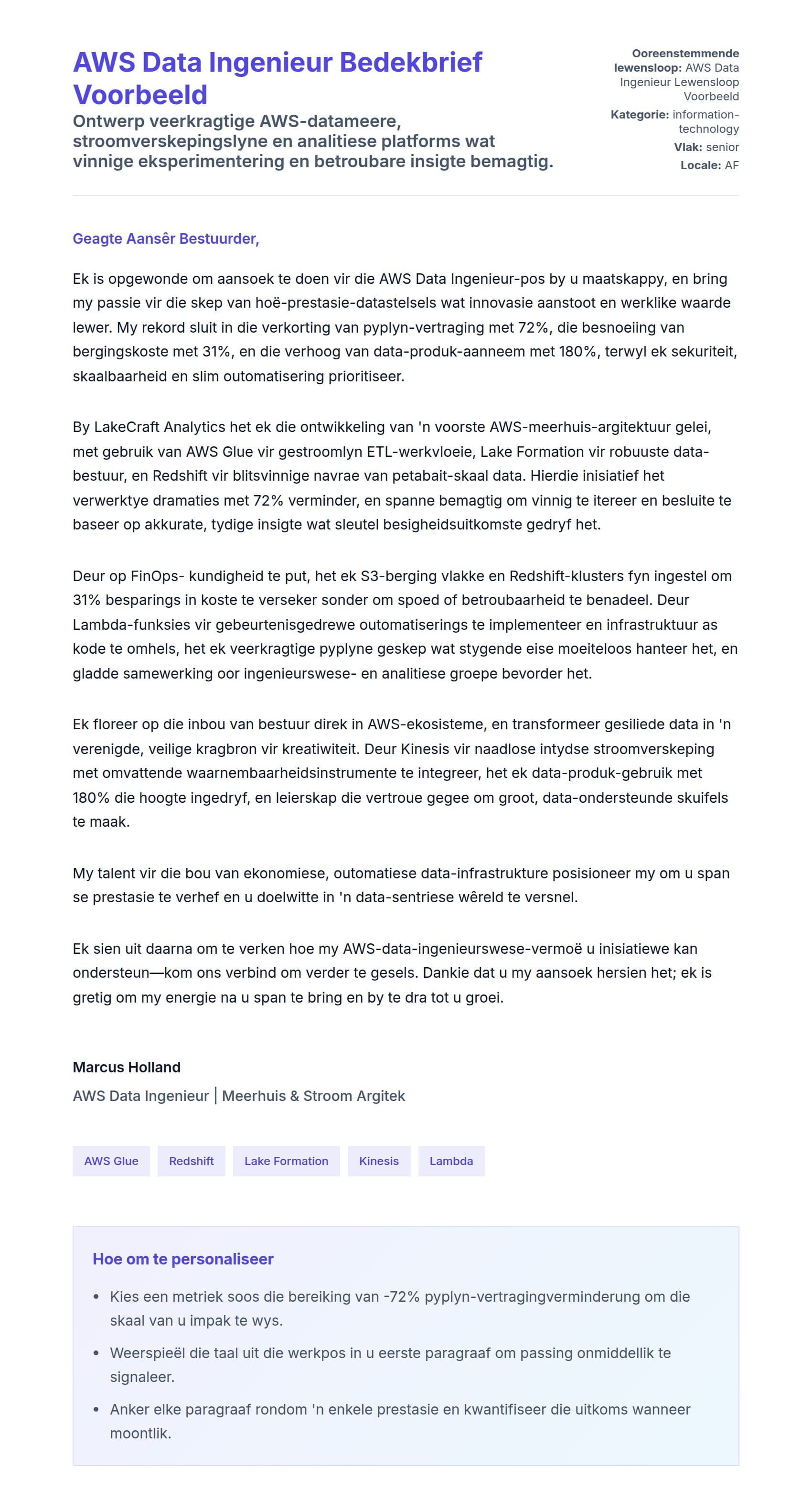 Solbrief-voorskou vir AWS Data Ingenieur Bedekbrief Voorbeeld