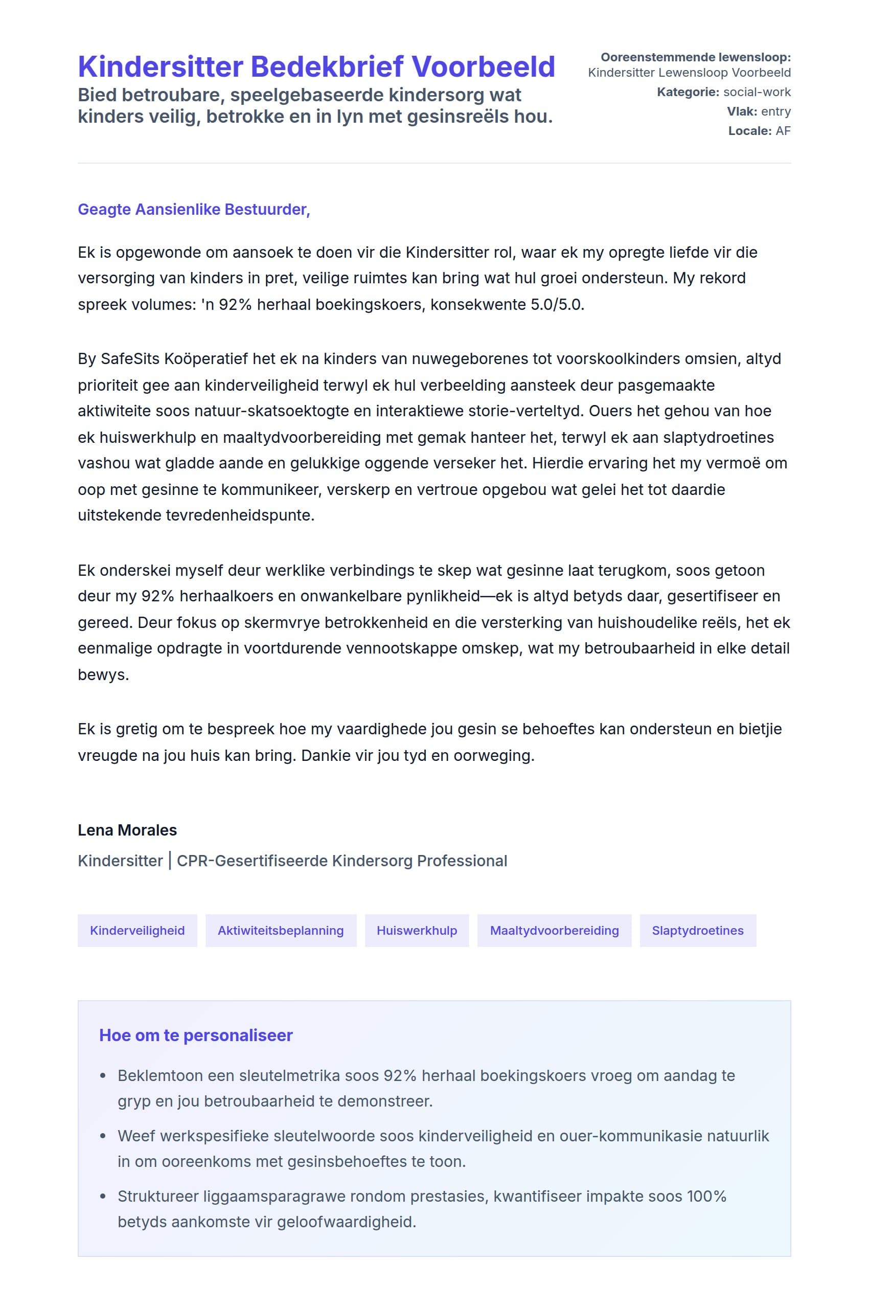 Solbrief-voorskou vir Kindersitter Bedekbrief Voorbeeld