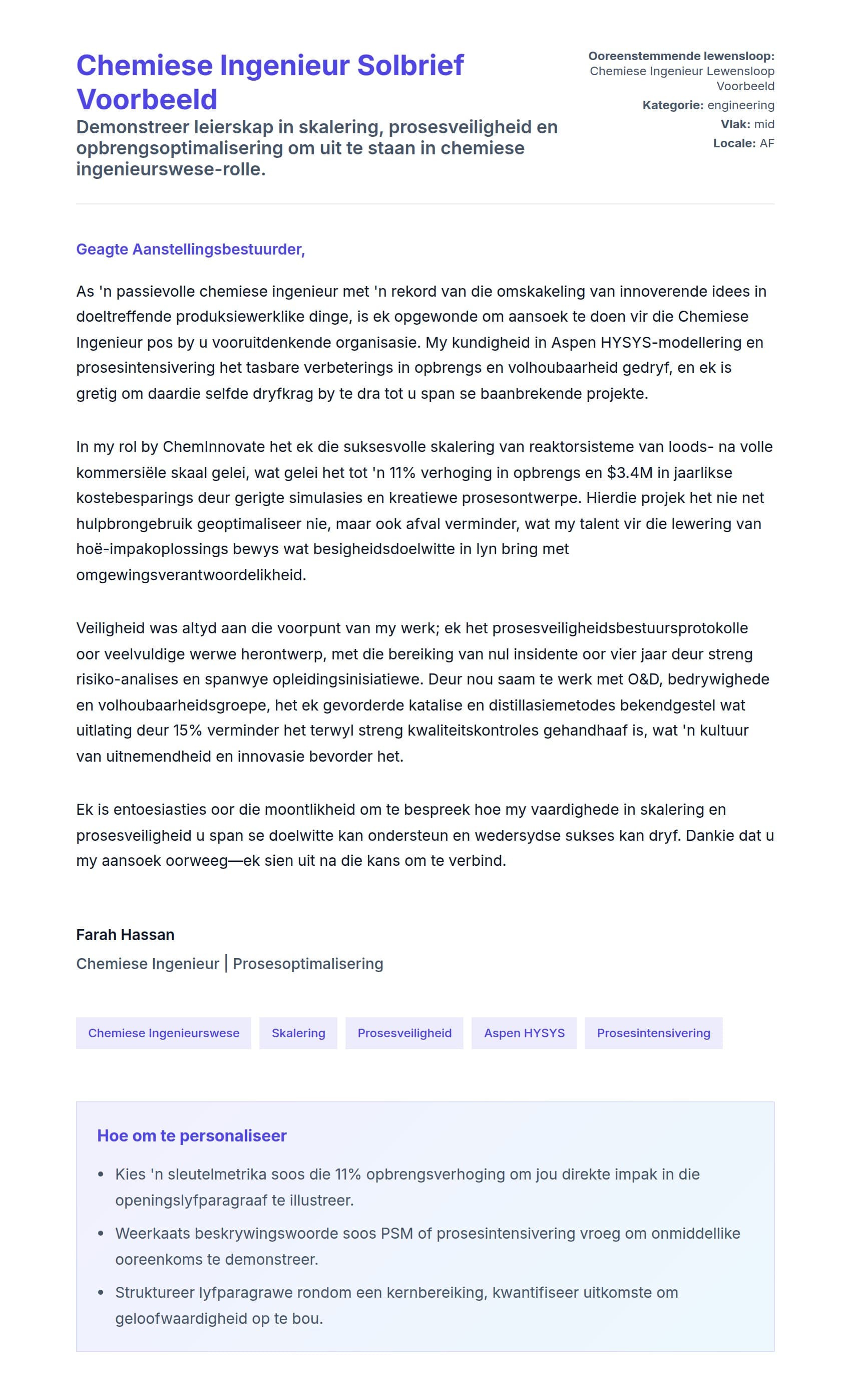 Solbrief-voorskou vir Chemiese Ingenieur Solbrief Voorbeeld