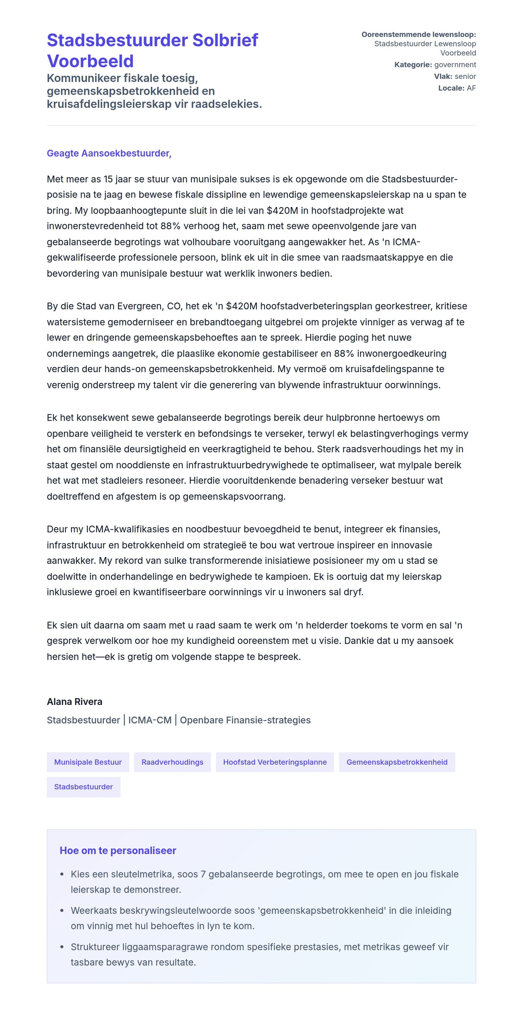Solbrief-voorskou vir Stadsbestuurder Solbrief Voorbeeld