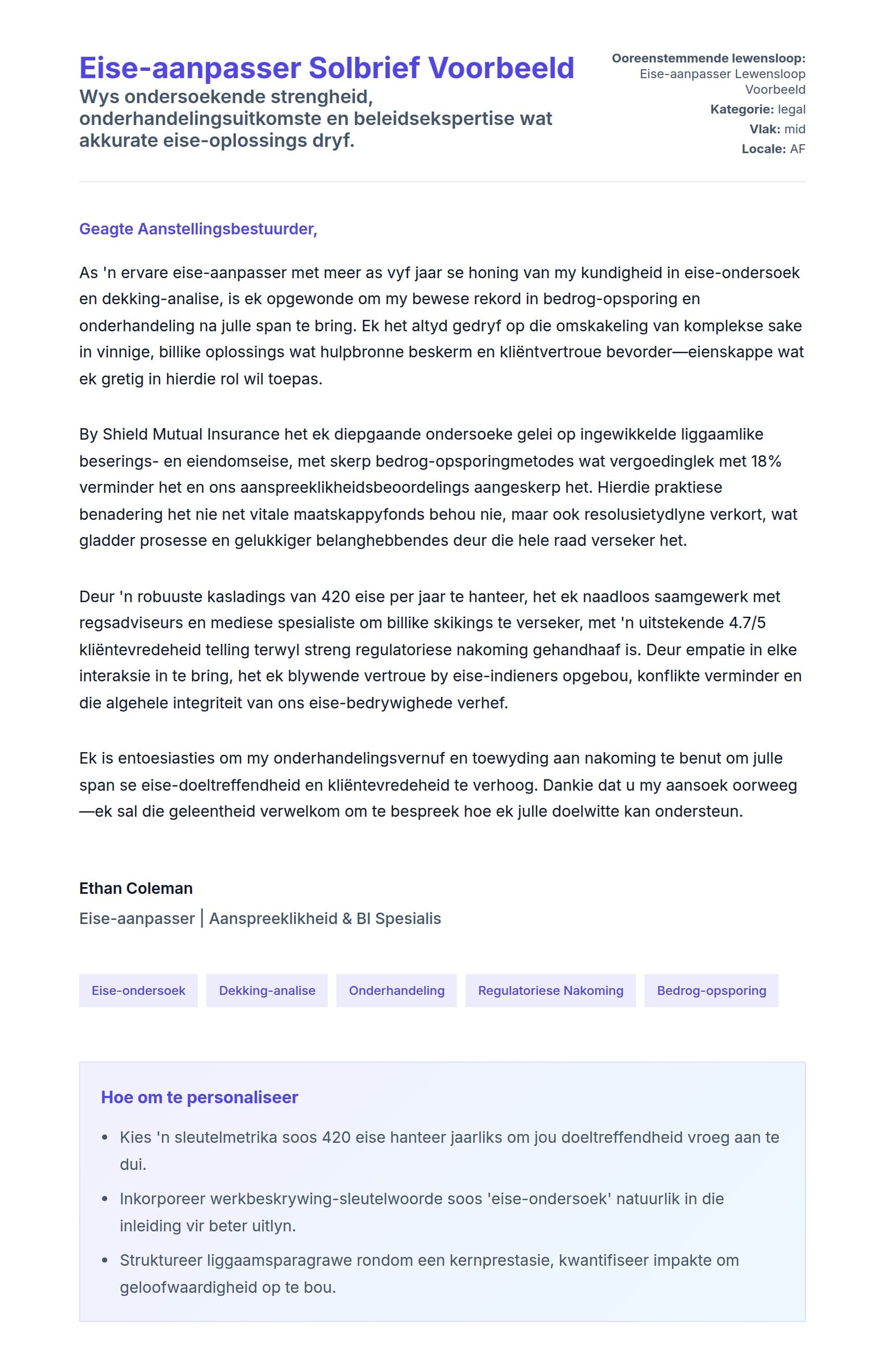 Solbrief-voorskou vir Eise-aanpasser Solbrief Voorbeeld