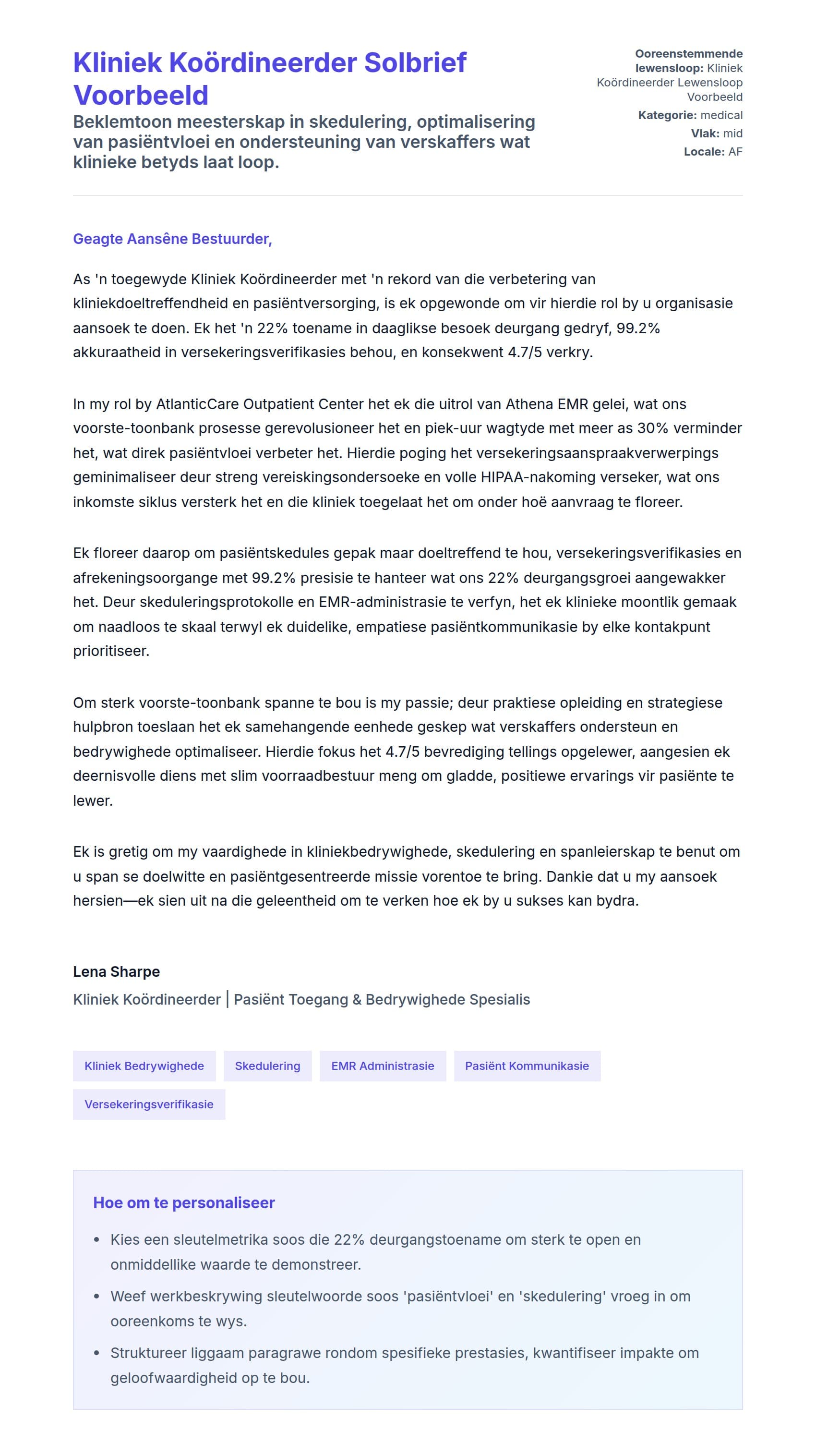 Solbrief-voorskou vir Kliniek Koördineerder Solbrief Voorbeeld