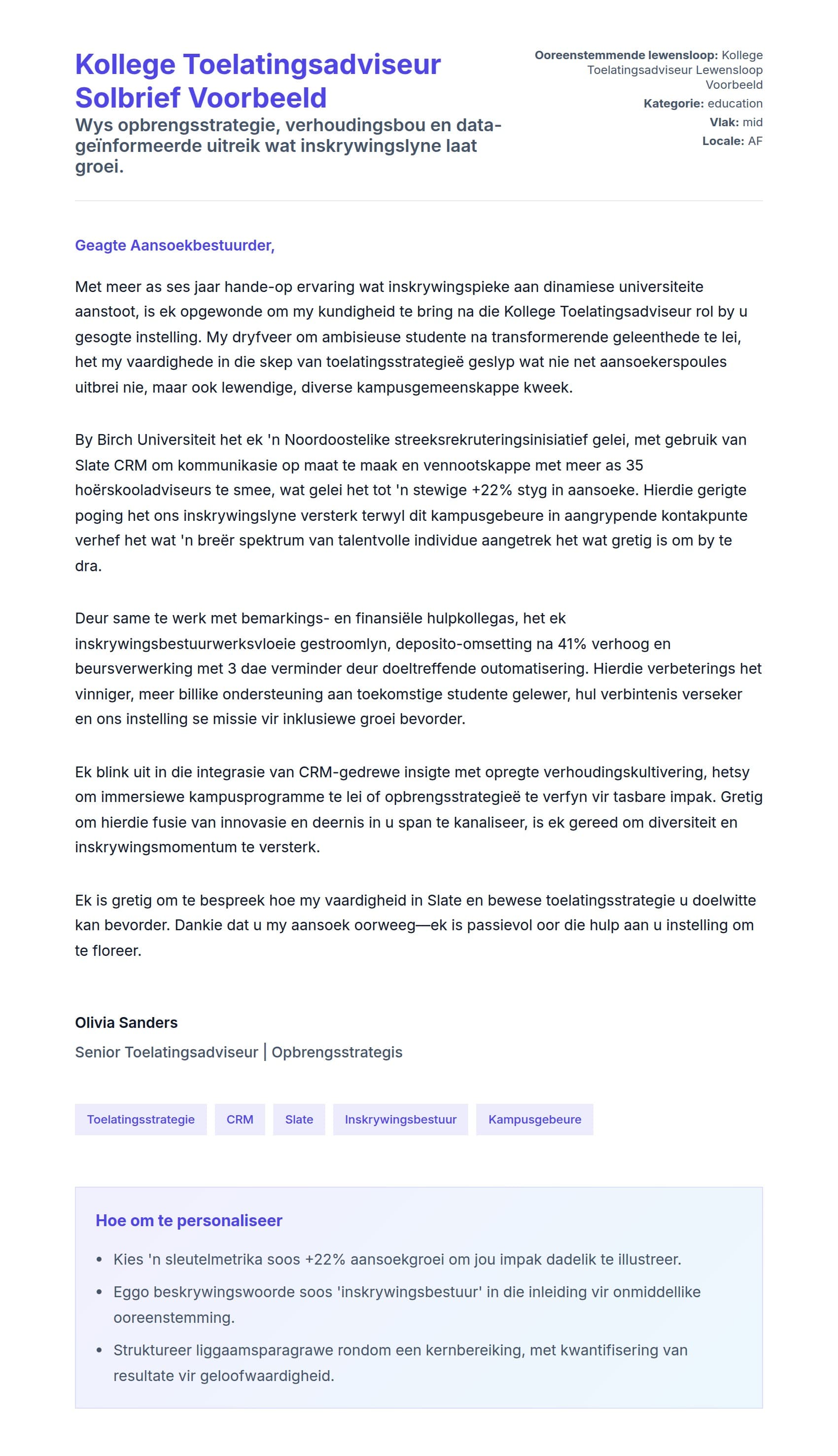 Solbrief-voorskou vir Kollege Toelatingsadviseur Solbrief Voorbeeld