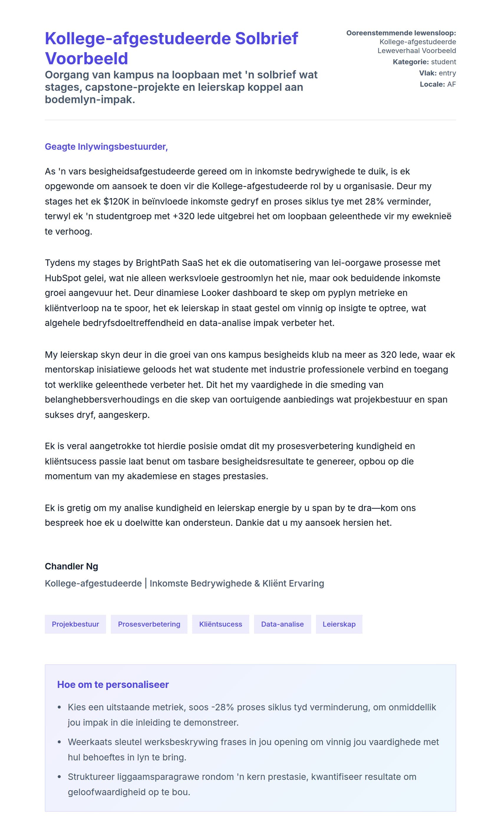 Solbrief-voorskou vir Kollege-afgestudeerde Solbrief Voorbeeld