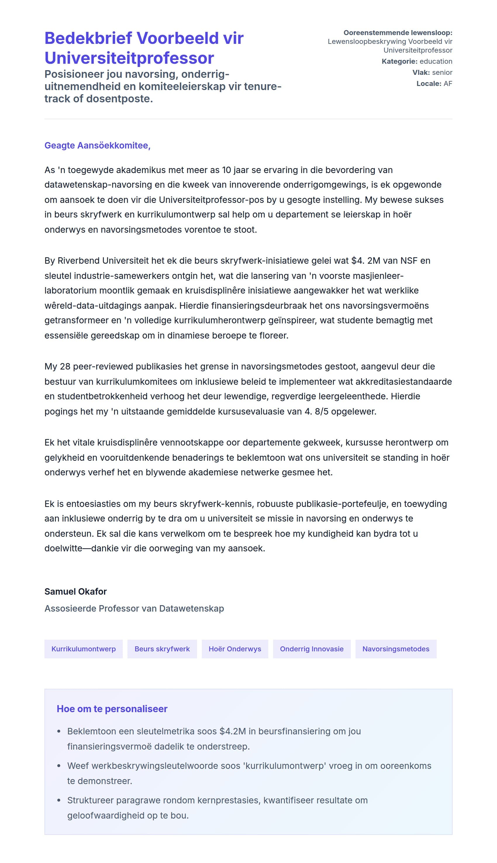 Solbrief-voorskou vir Bedekbrief Voorbeeld vir Universiteitprofessor