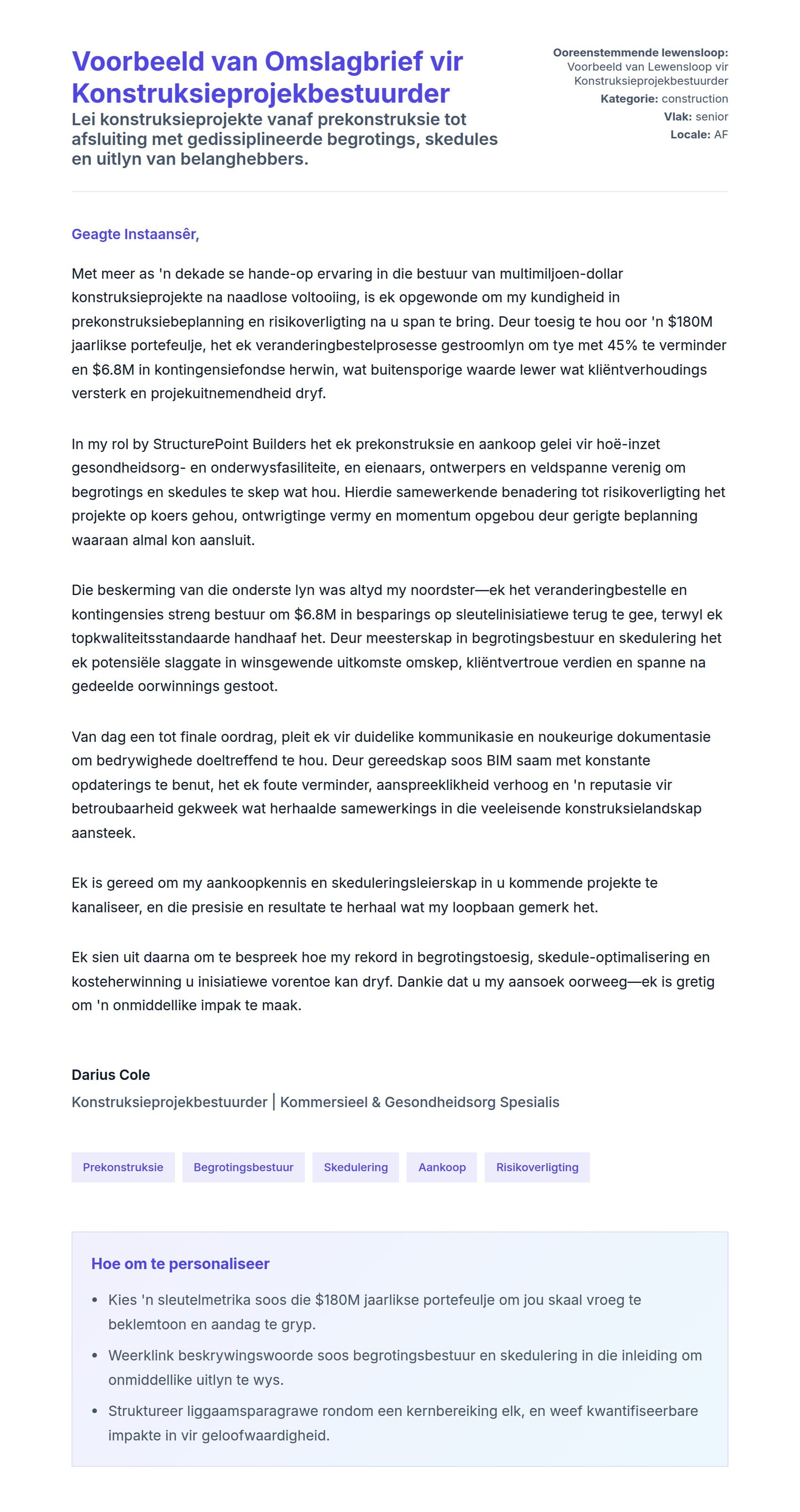 Solbrief-voorskou vir Voorbeeld van Omslagbrief vir Konstruksieprojekbestuurder