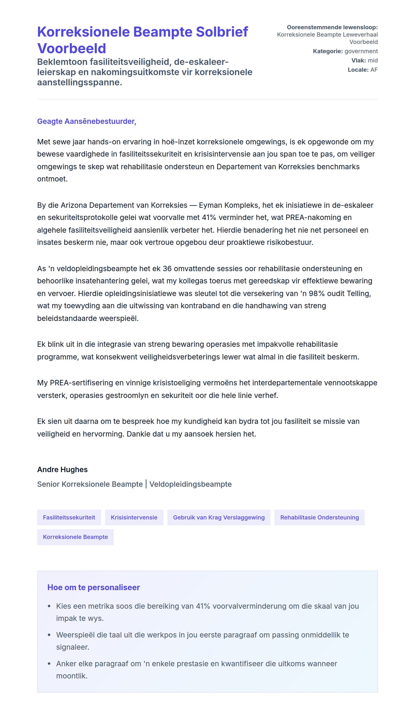 Solbrief-voorskou vir Korreksionele Beampte Solbrief Voorbeeld