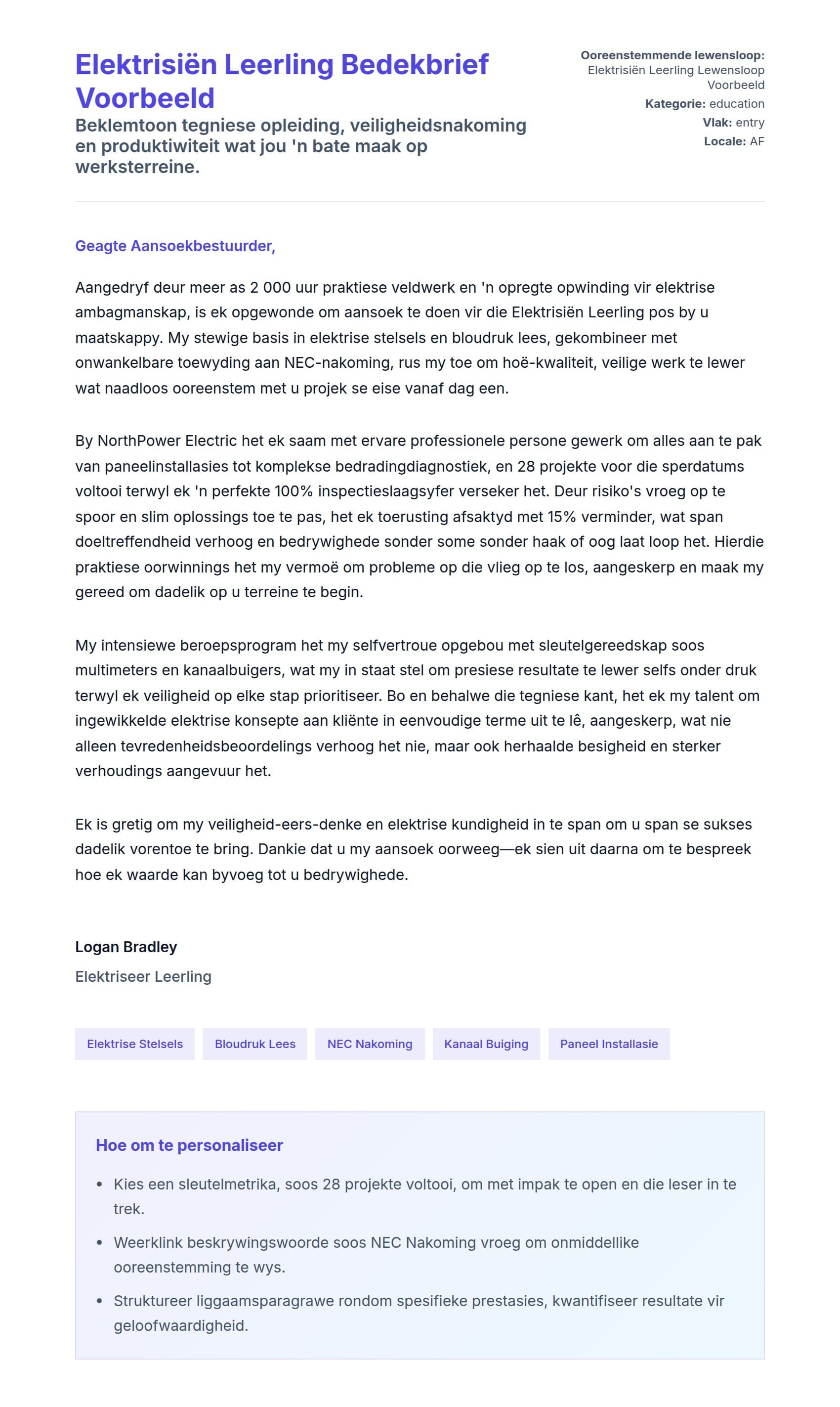 Solbrief-voorskou vir Elektrisiën Leerling Bedekbrief Voorbeeld