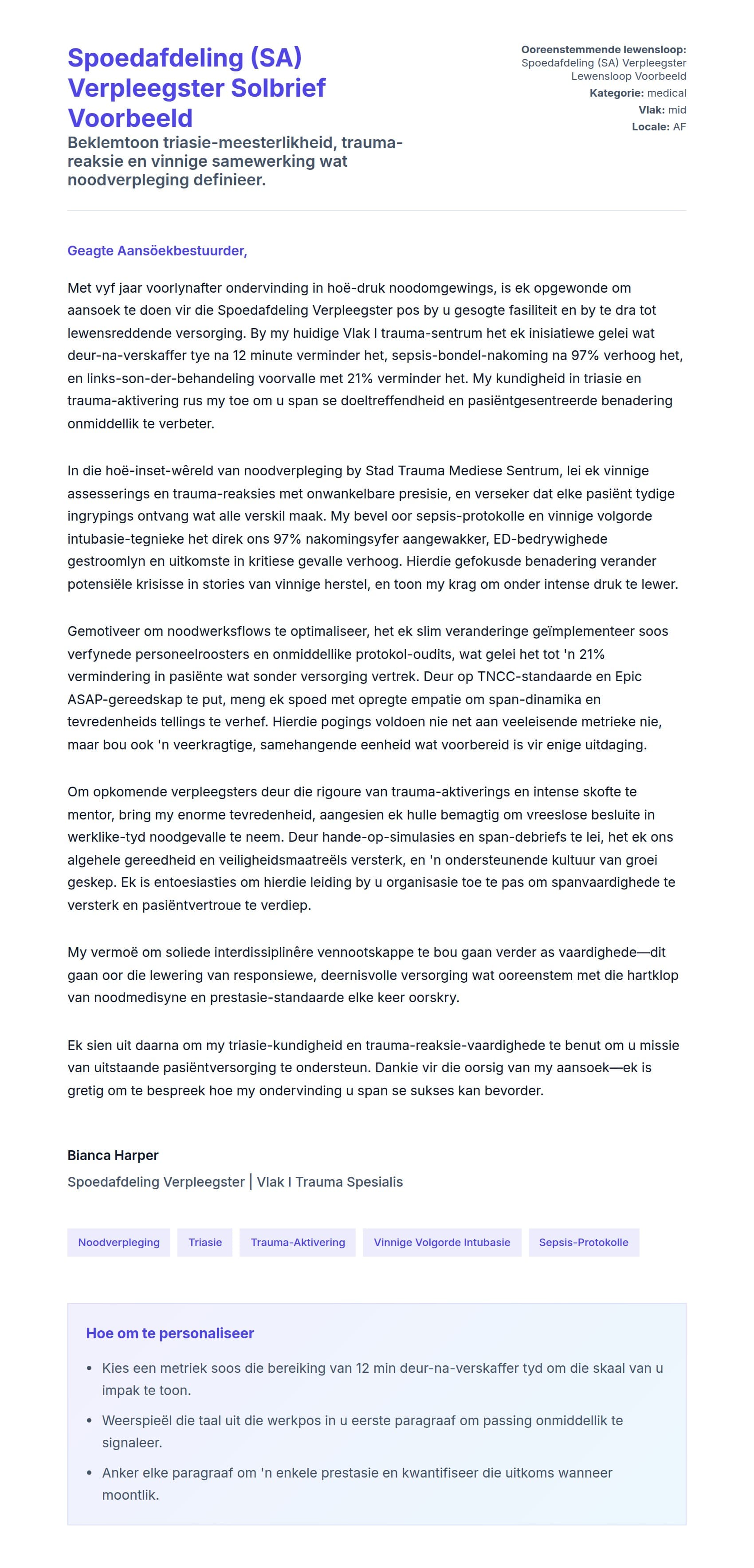 Solbrief-voorskou vir Spoedafdeling (SA) Verpleegster Solbrief Voorbeeld