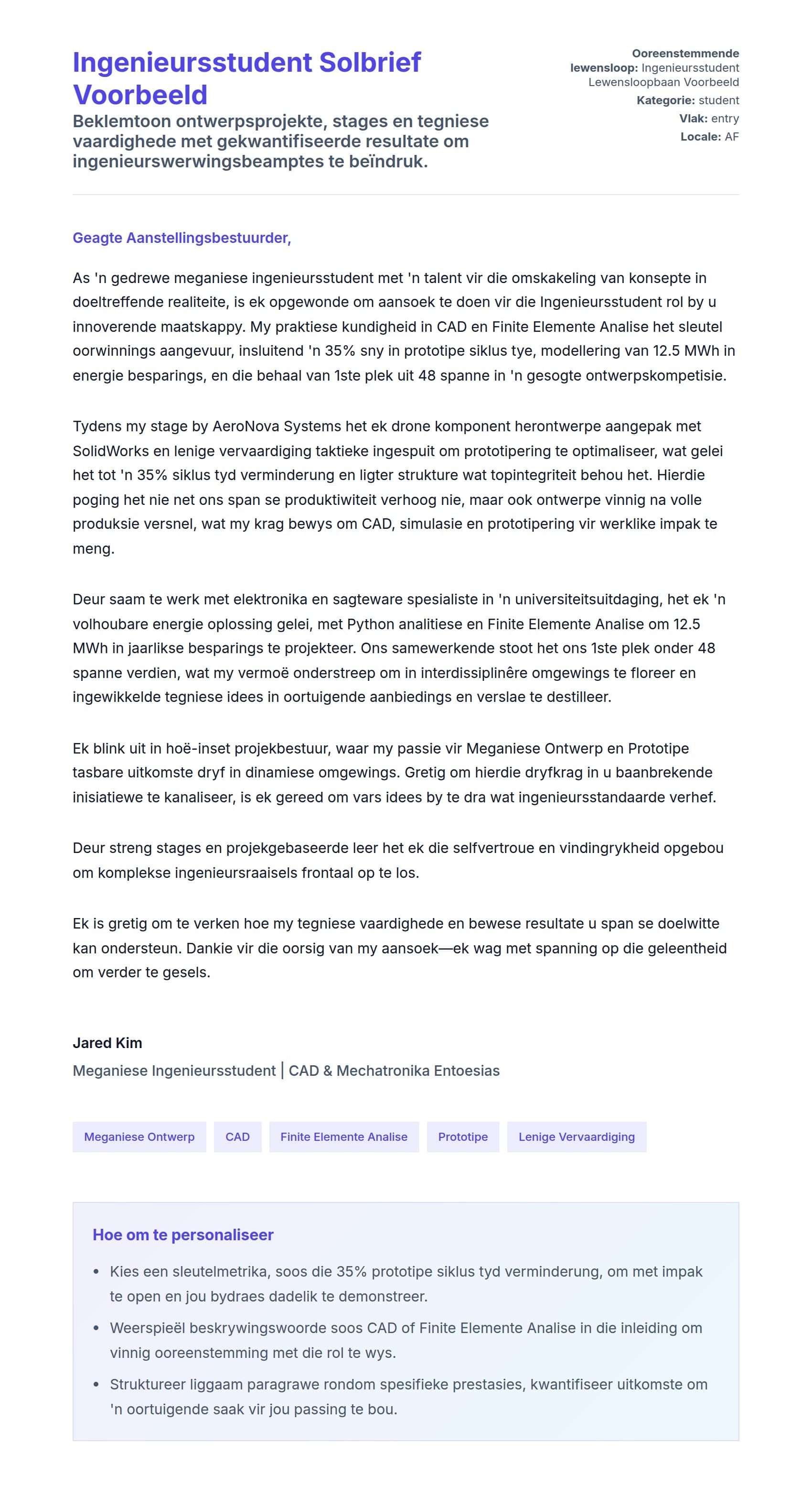 Solbrief-voorskou vir Ingenieursstudent Solbrief Voorbeeld