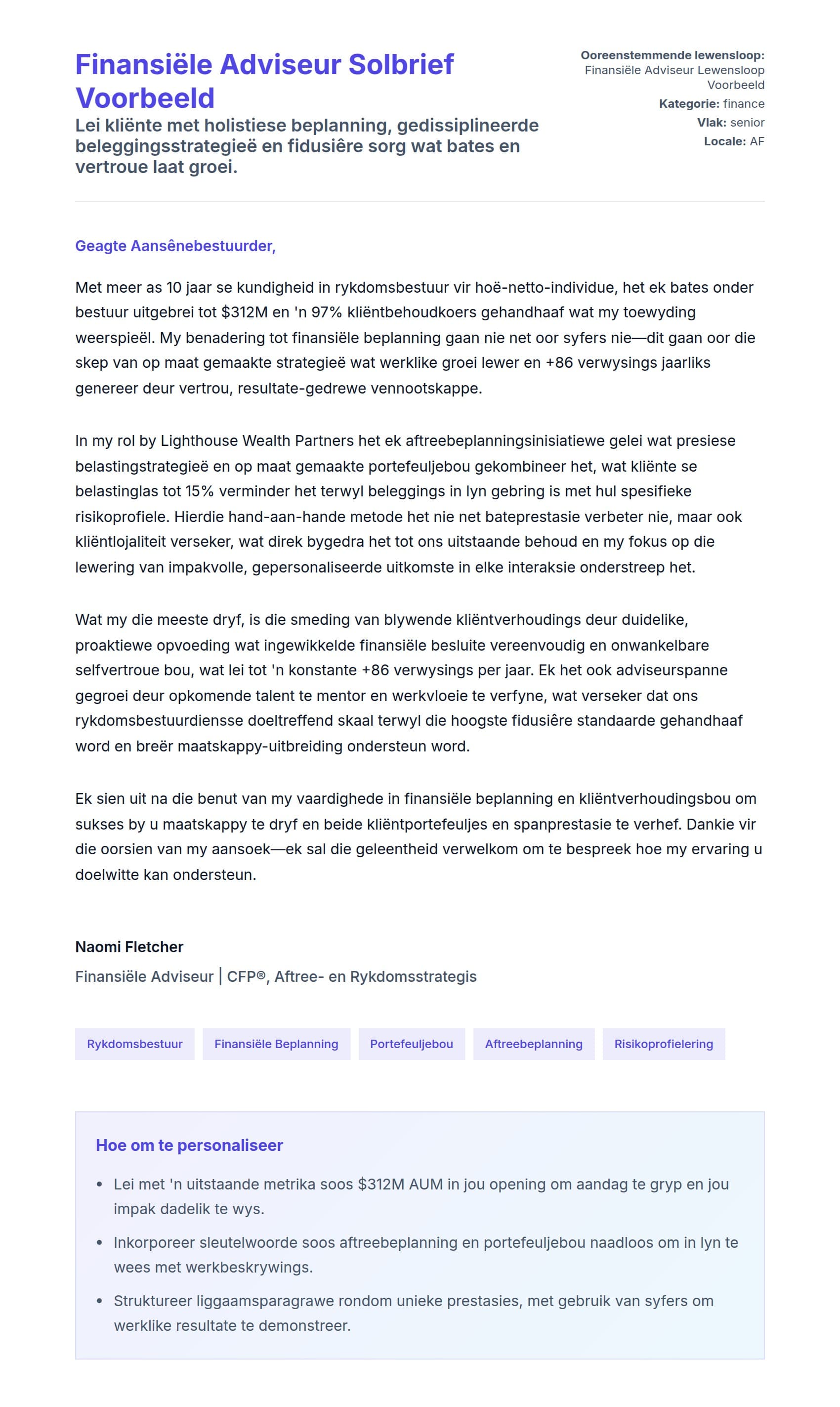 Solbrief-voorskou vir Finansiële Adviseur Solbrief Voorbeeld