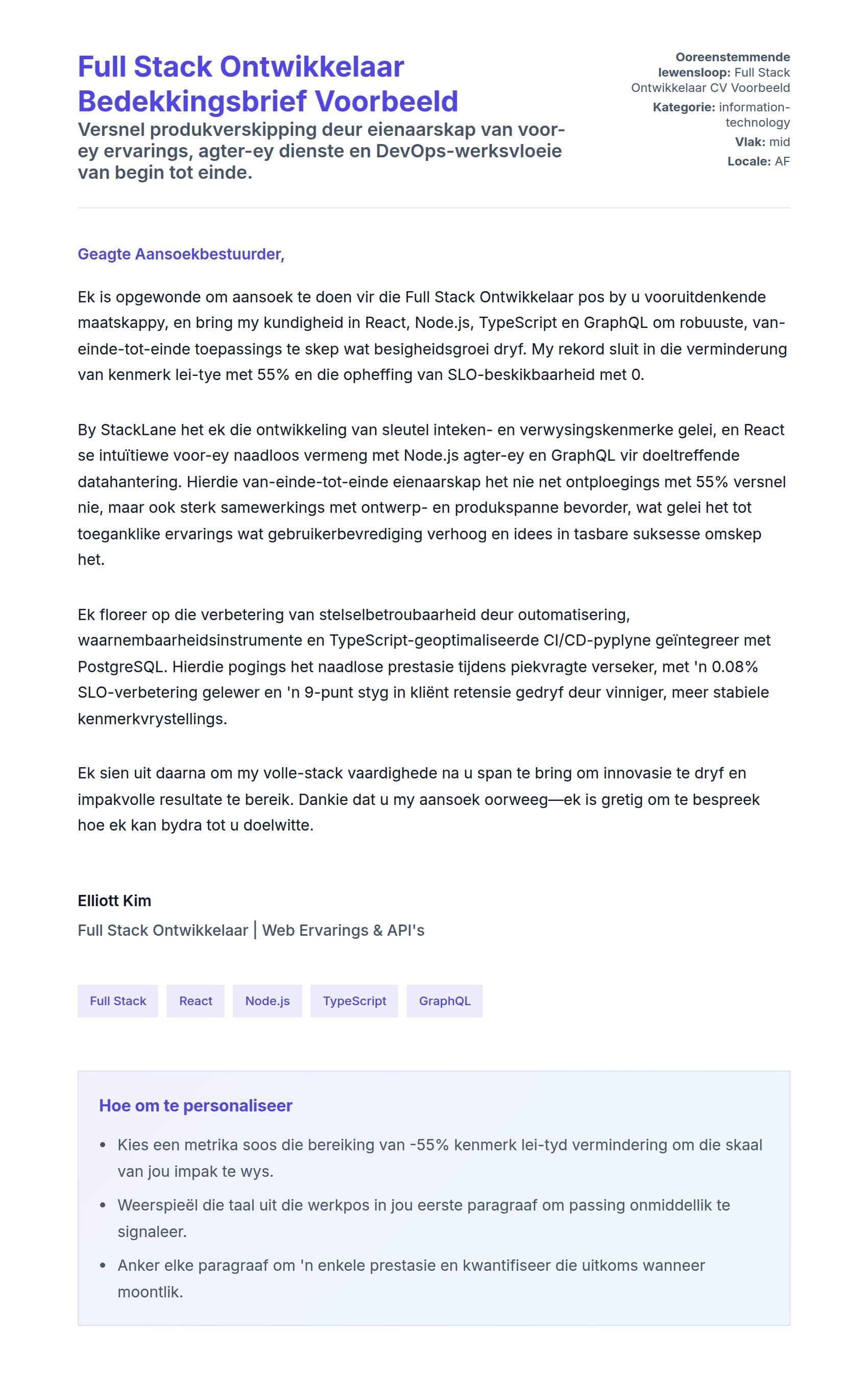 Solbrief-voorskou vir Full Stack Ontwikkelaar Bedekkingsbrief Voorbeeld