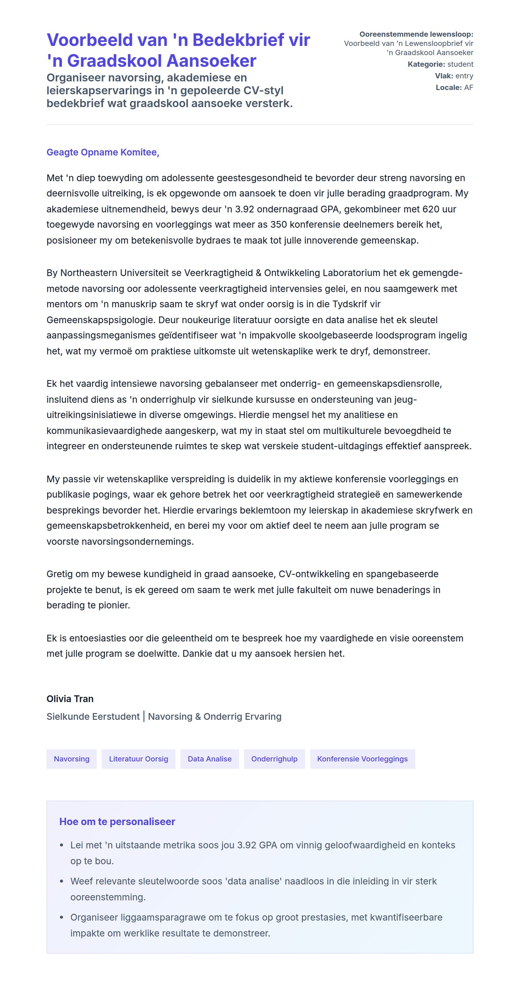 Solbrief-voorskou vir Voorbeeld van 'n Bedekbrief vir 'n Graadskool Aansoeker