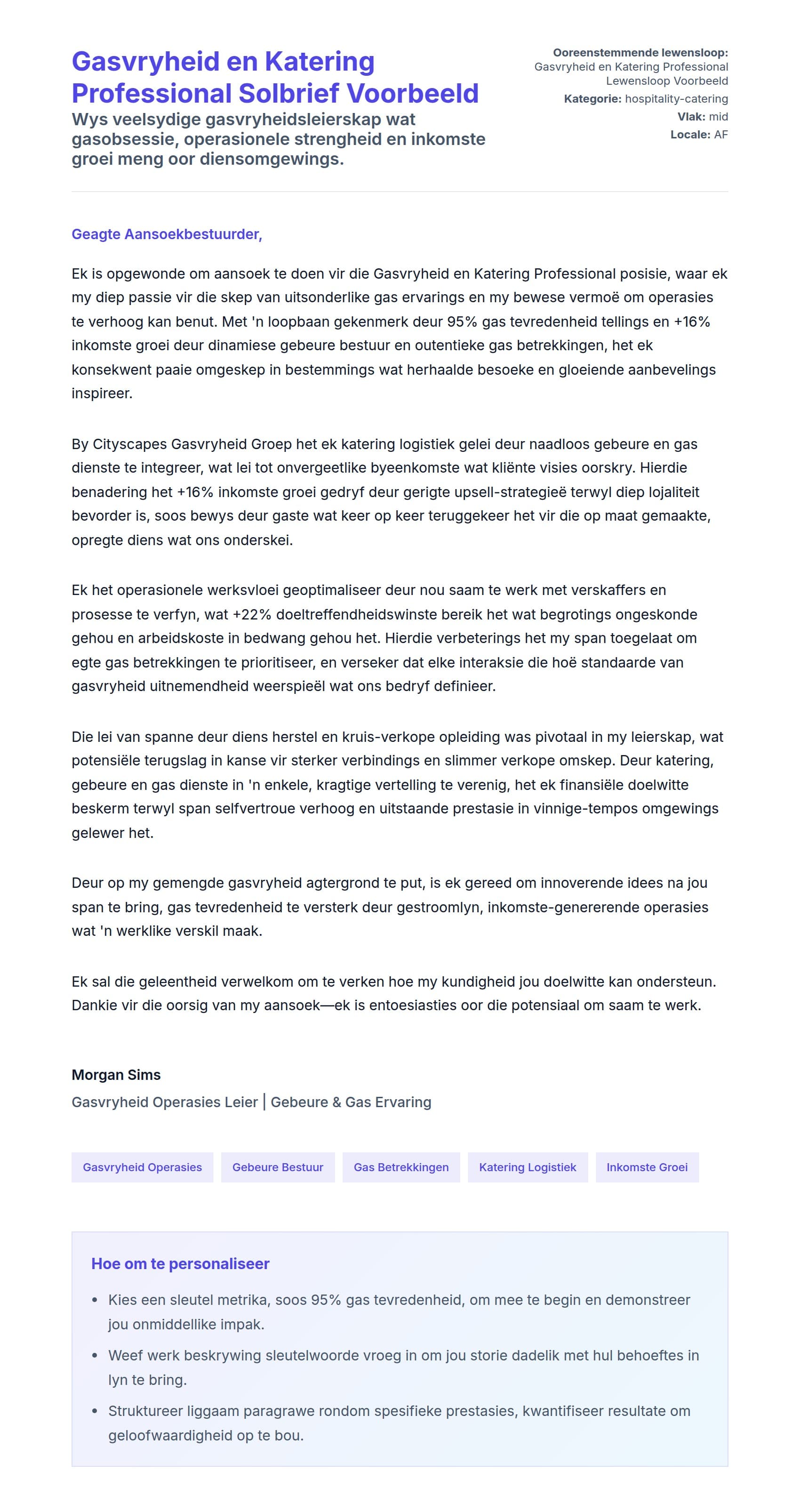 Solbrief-voorskou vir Gasvryheid en Katering Professional Solbrief Voorbeeld
