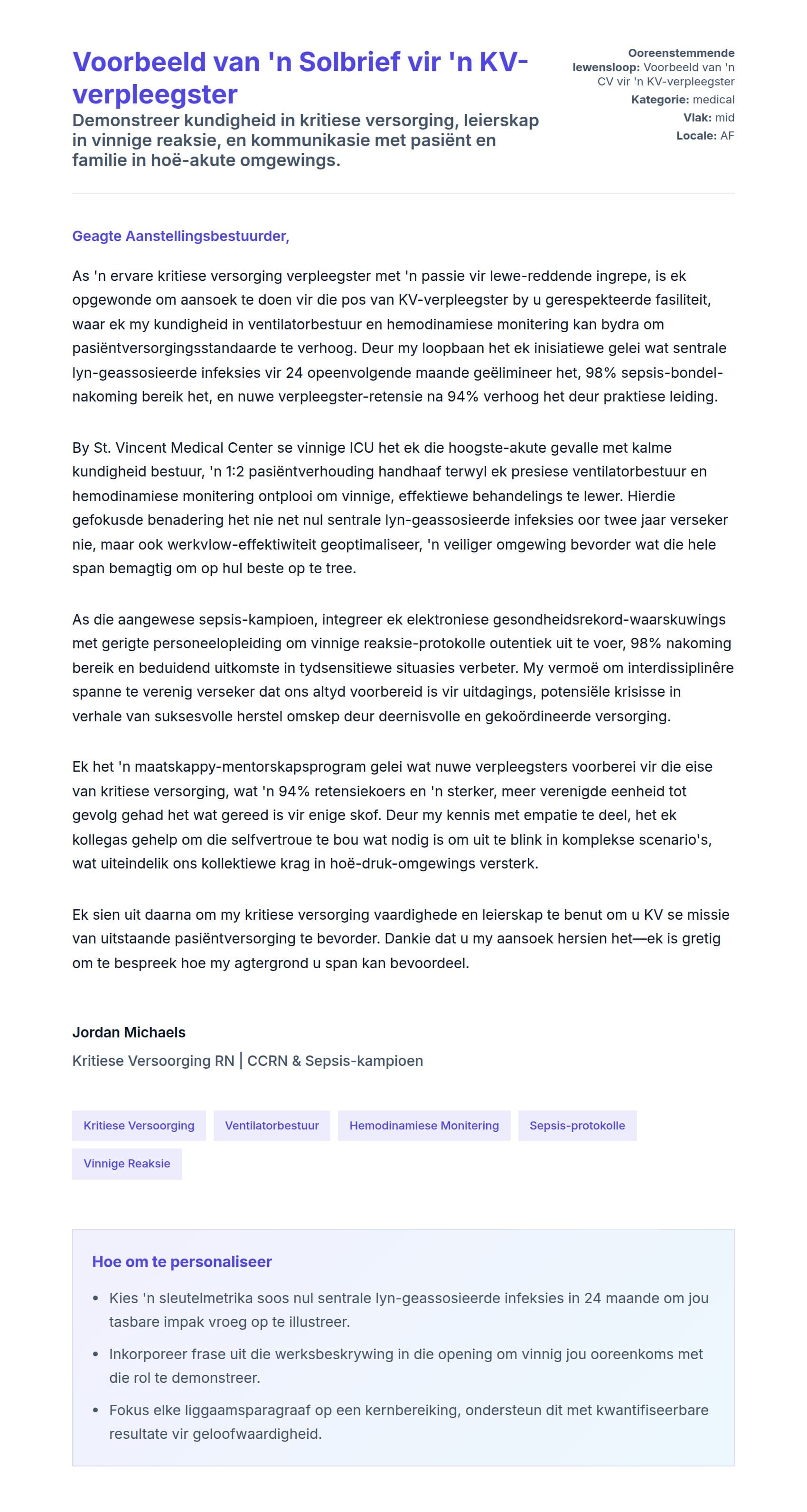 Solbrief-voorskou vir Voorbeeld van 'n Solbrief vir 'n KV-verpleegster