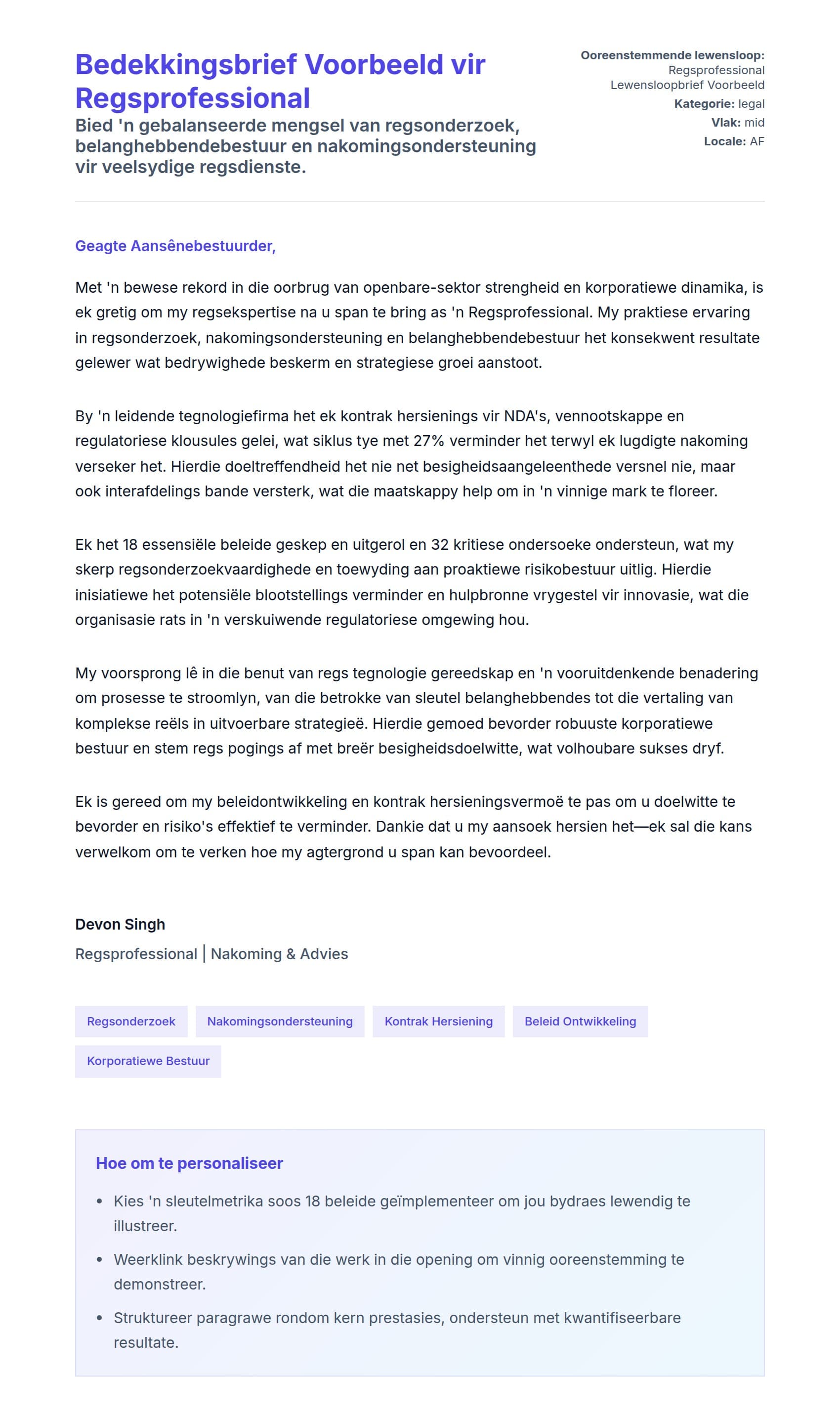 Solbrief-voorskou vir Bedekkingsbrief Voorbeeld vir Regsprofessional