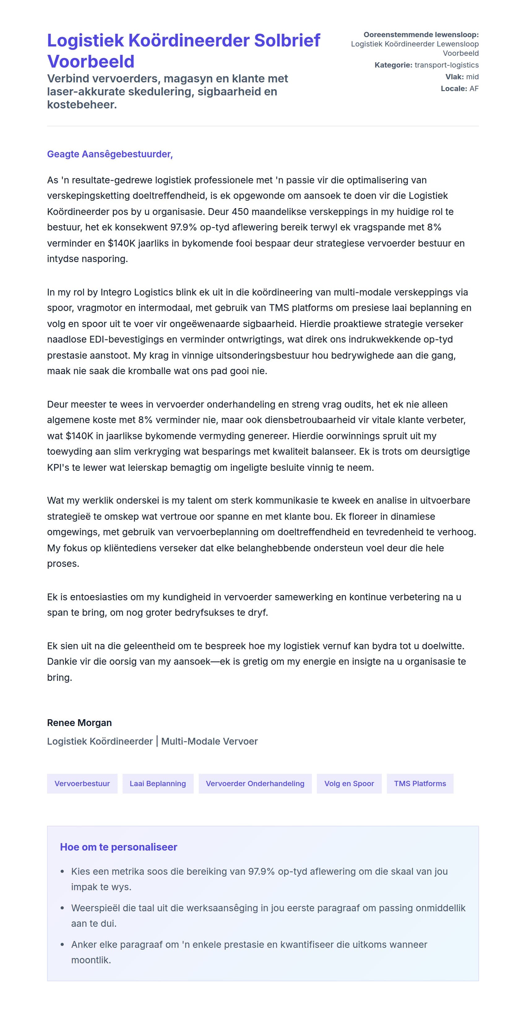 Solbrief-voorskou vir Logistiek Koördineerder Solbrief Voorbeeld