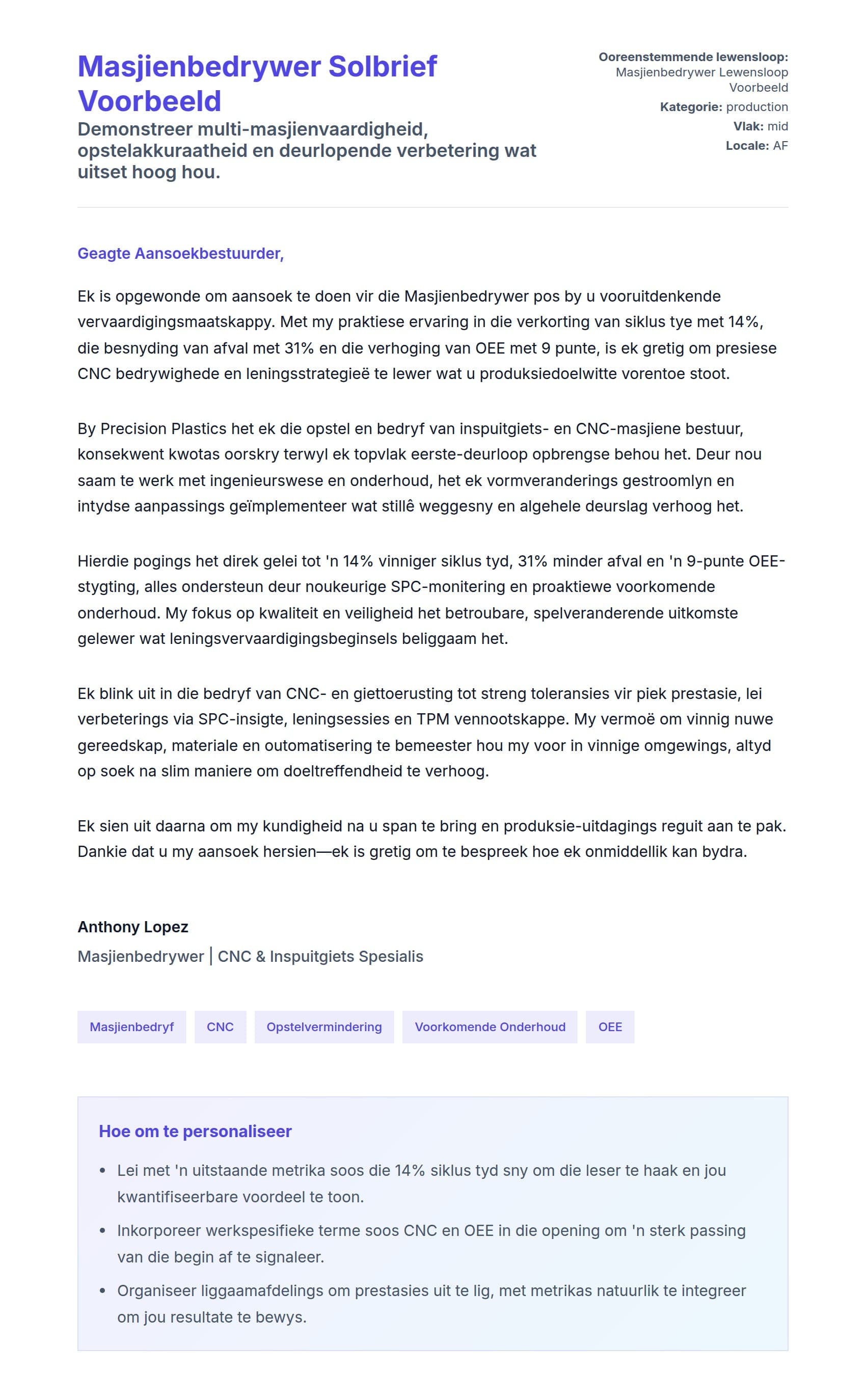 Solbrief-voorskou vir Masjienbedrywer Solbrief Voorbeeld