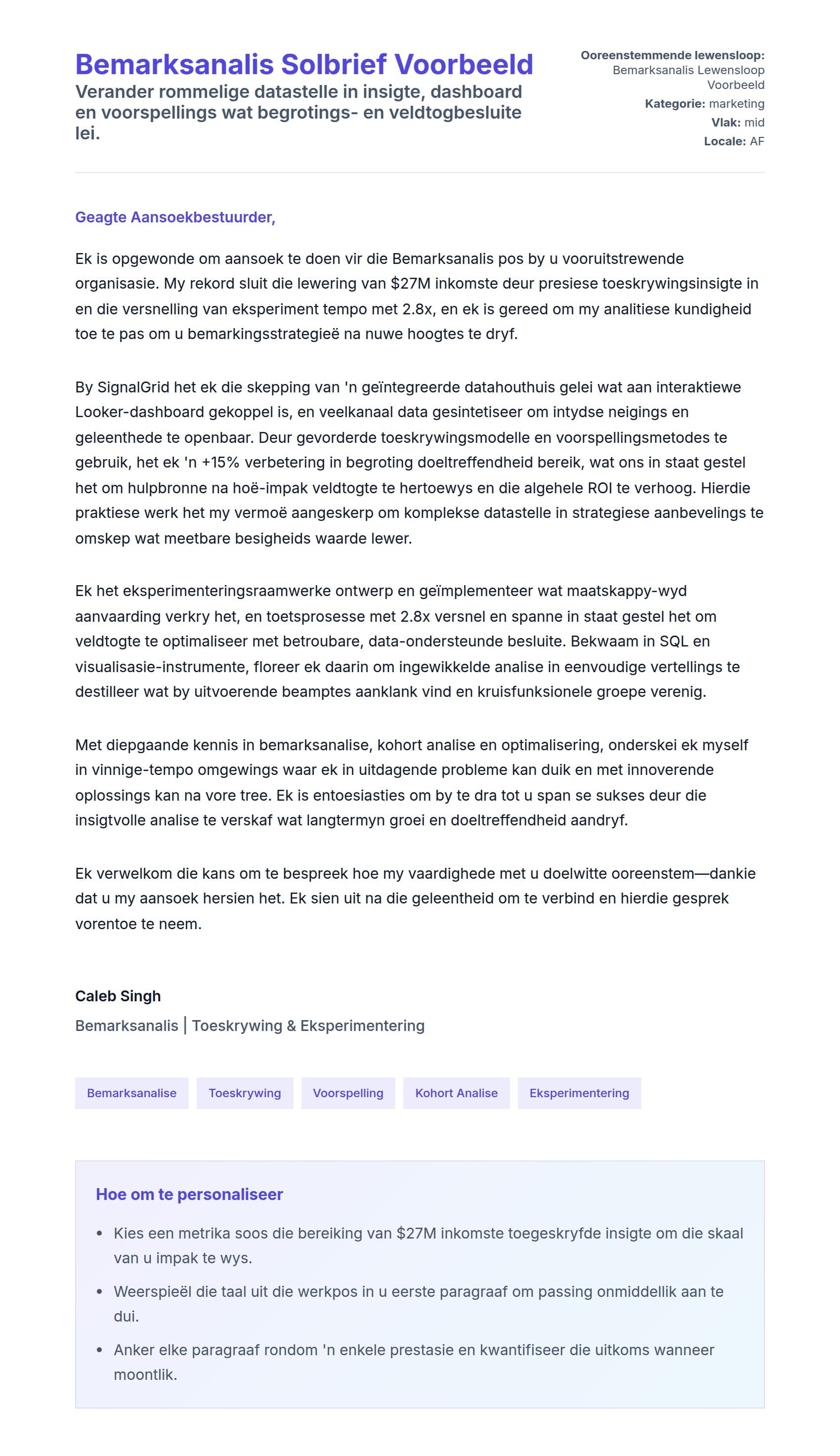 Solbrief-voorskou vir Bemarksanalis Solbrief Voorbeeld