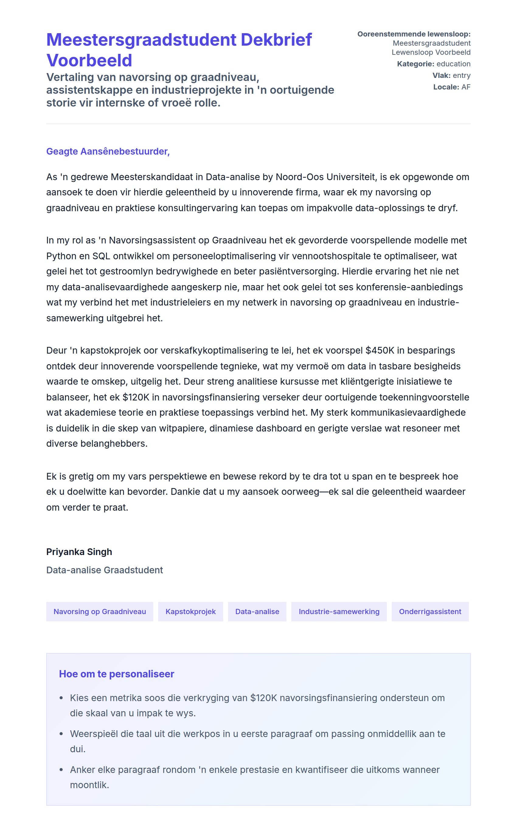 Solbrief-voorskou vir Meestersgraadstudent Dekbrief Voorbeeld