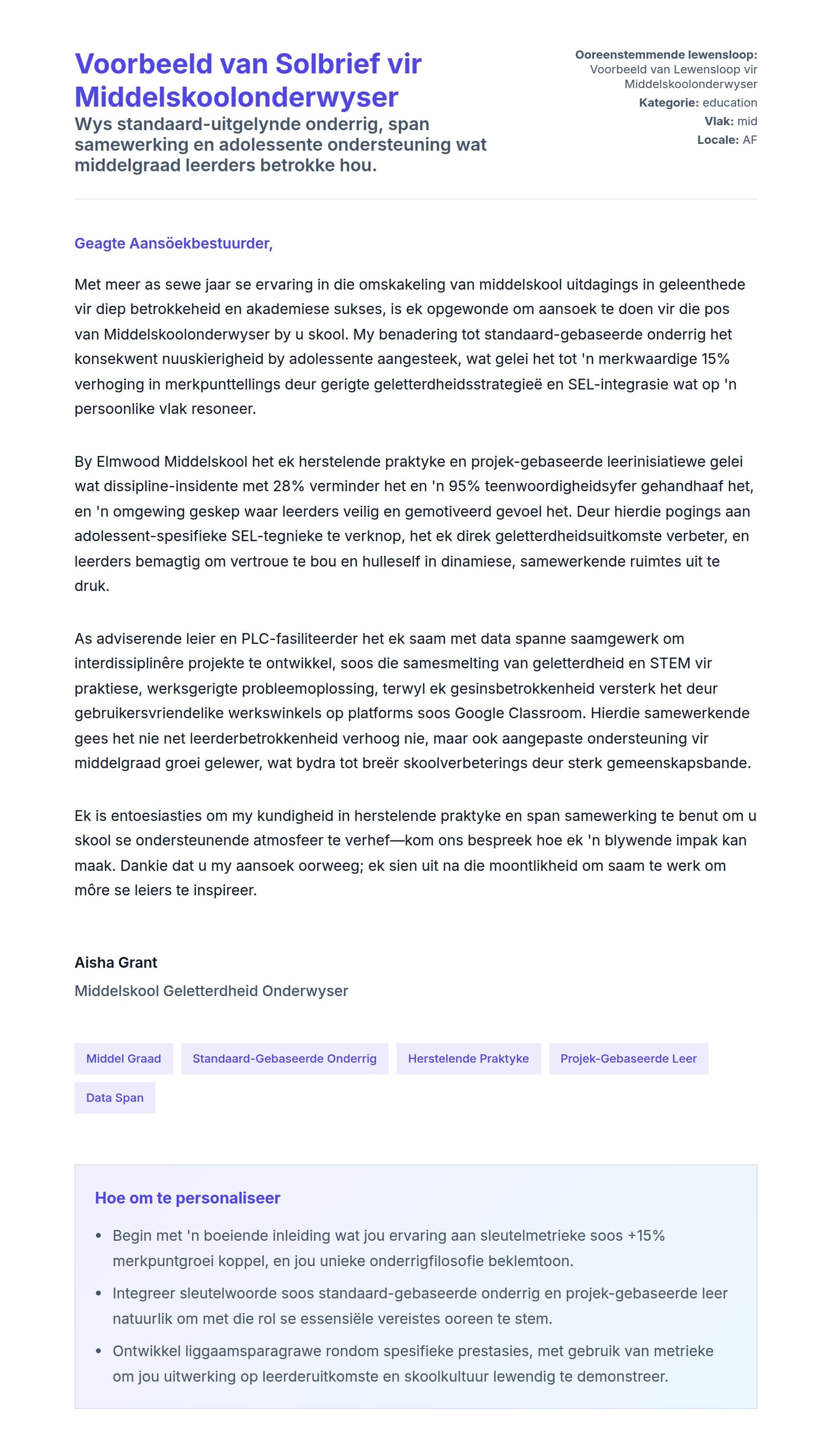 Solbrief-voorskou vir Voorbeeld van Solbrief vir Middelskoolonderwyser