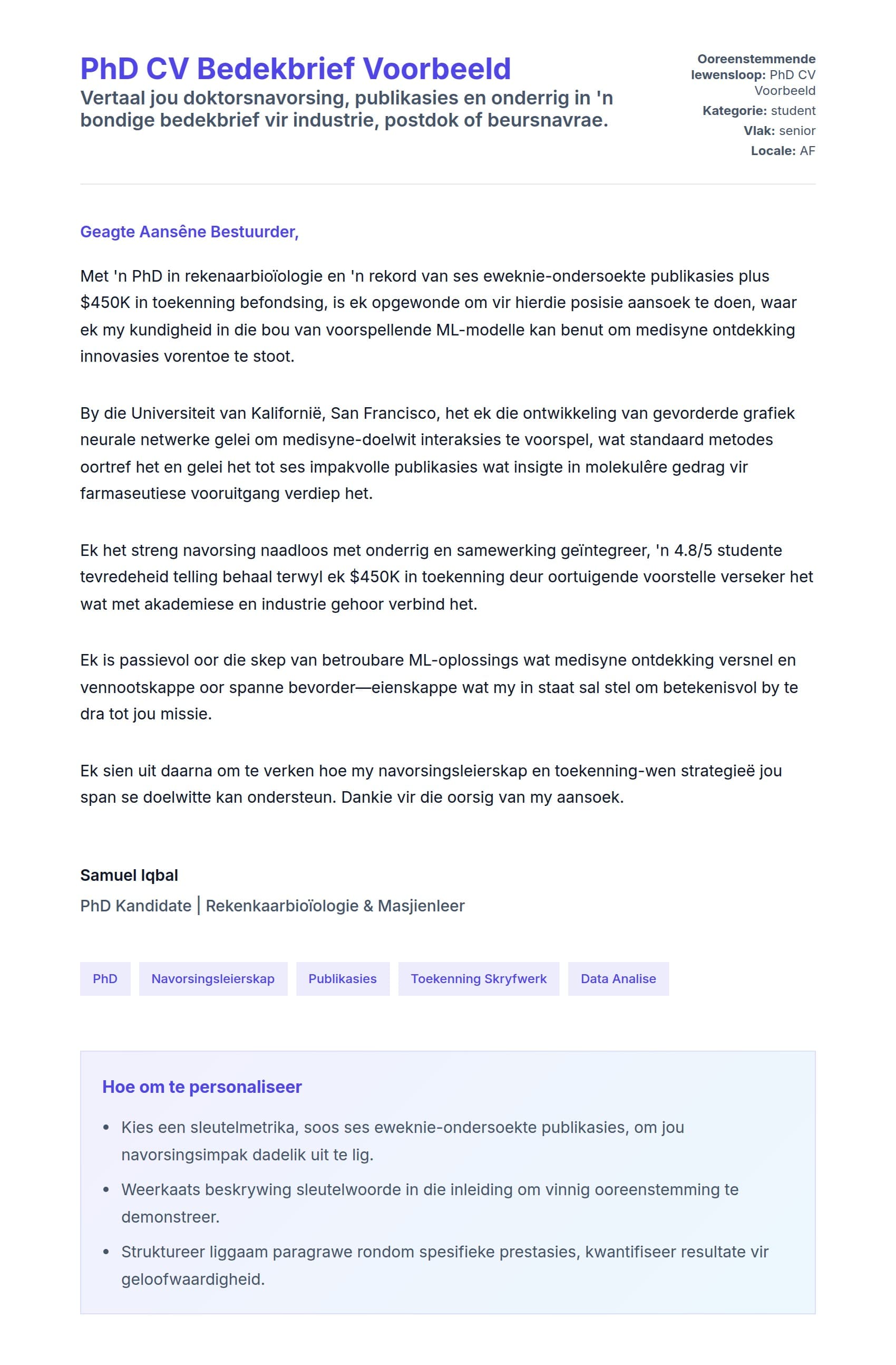 Solbrief-voorskou vir PhD CV Bedekbrief Voorbeeld
