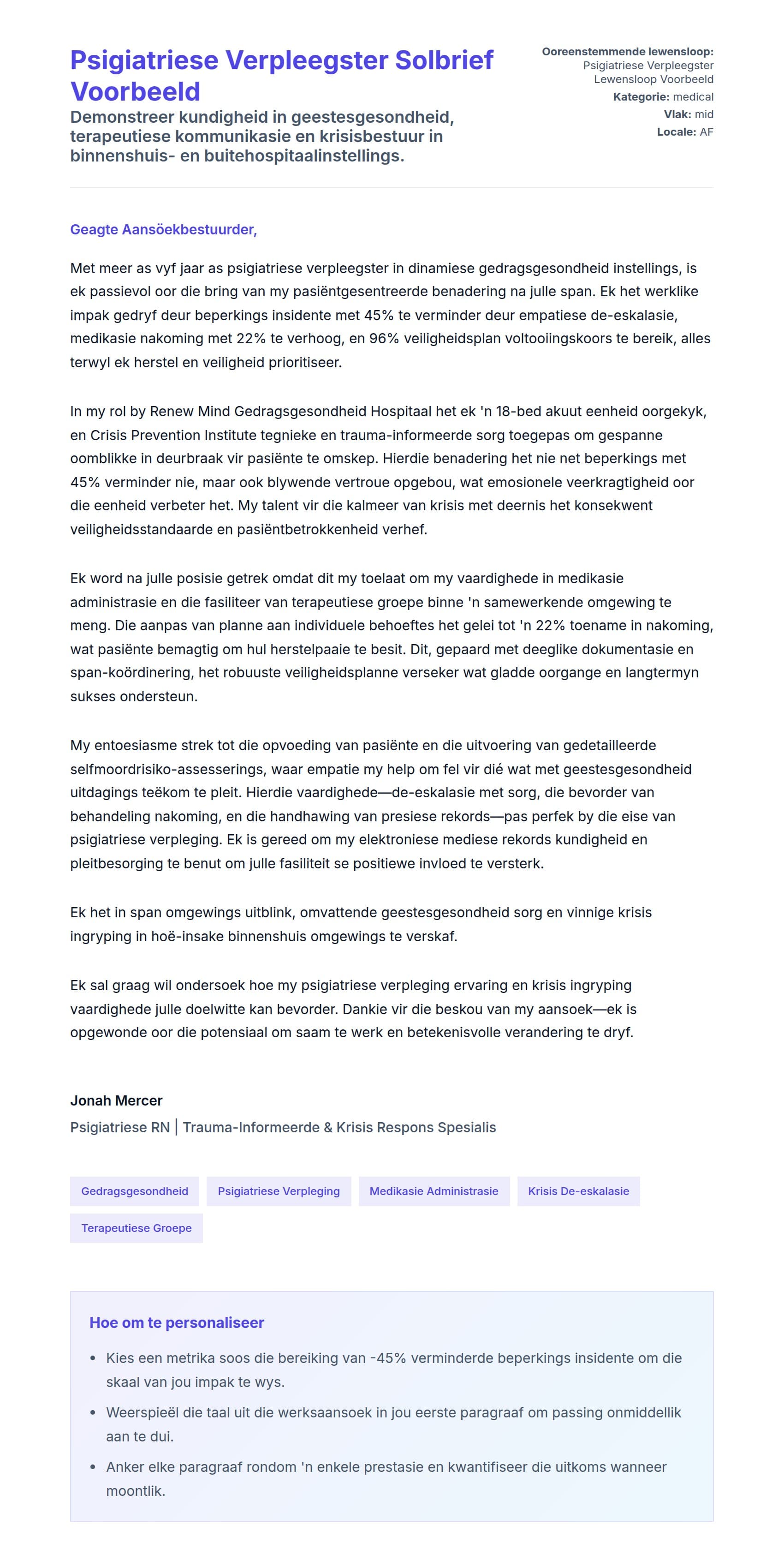 Solbrief-voorskou vir Psigiatriese Verpleegster Solbrief Voorbeeld