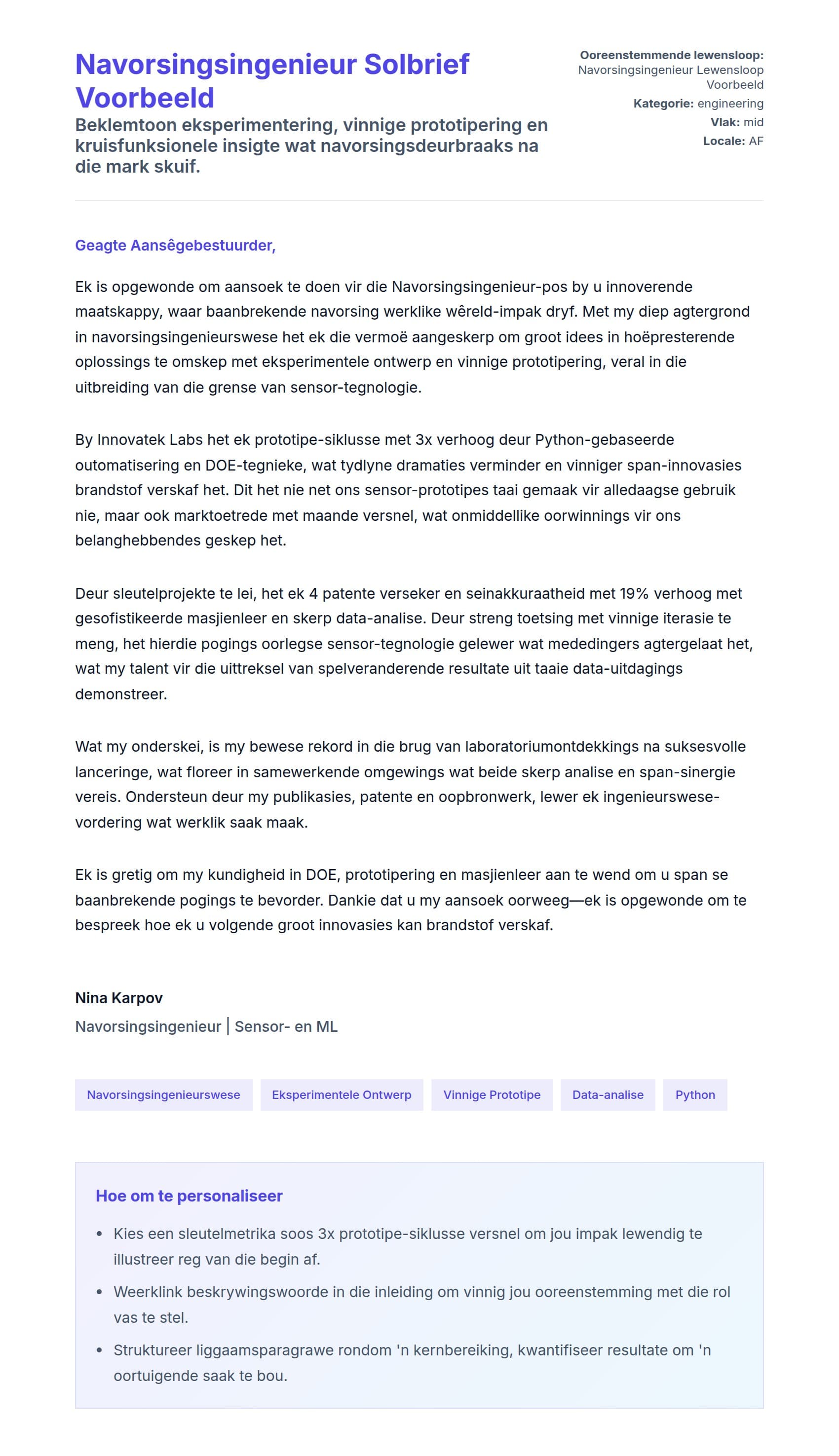 Solbrief-voorskou vir Navorsingsingenieur Solbrief Voorbeeld