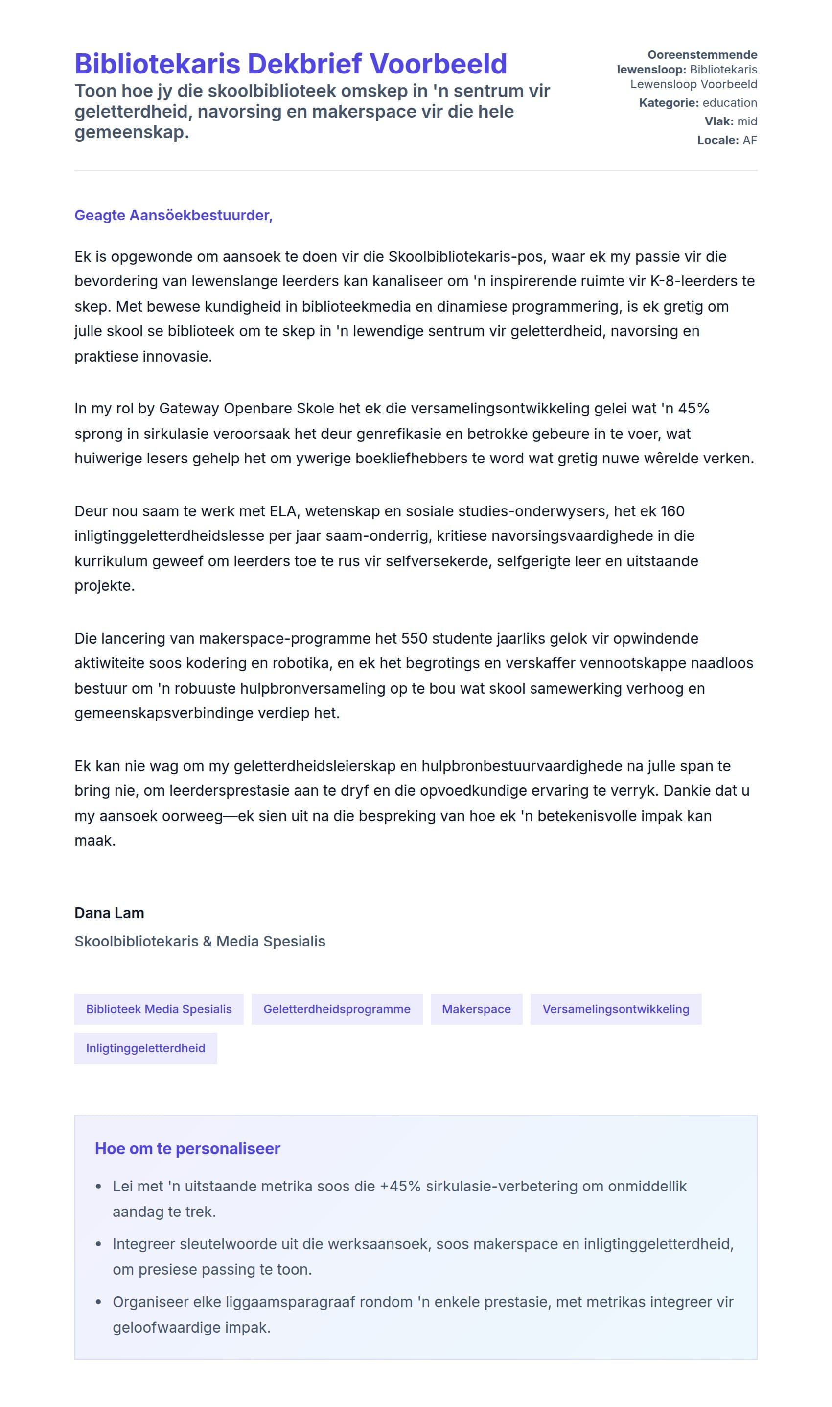 Solbrief-voorskou vir Bibliotekaris Dekbrief Voorbeeld