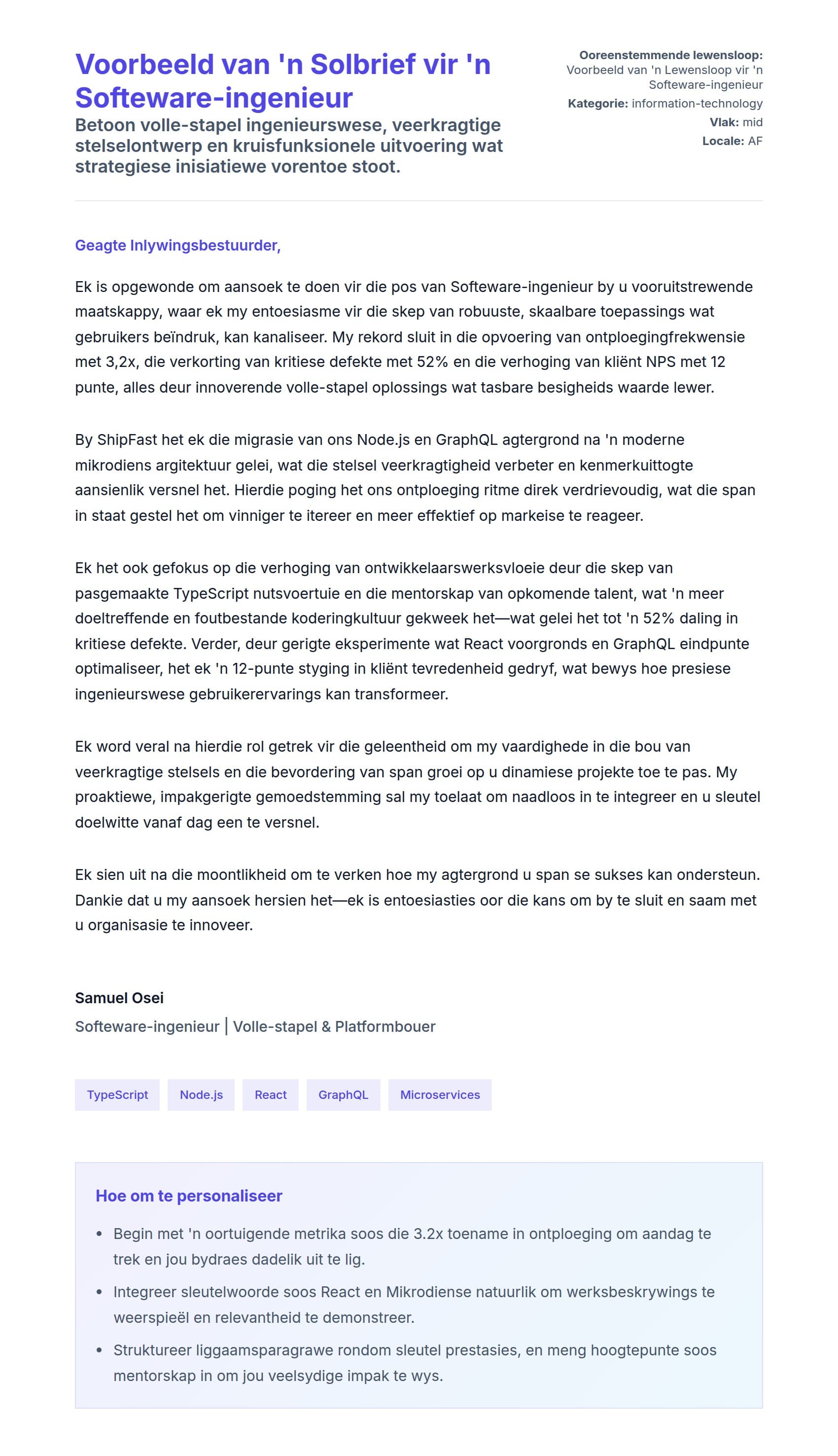 Solbrief-voorskou vir Voorbeeld van 'n Solbrief vir 'n Softeware-ingenieur