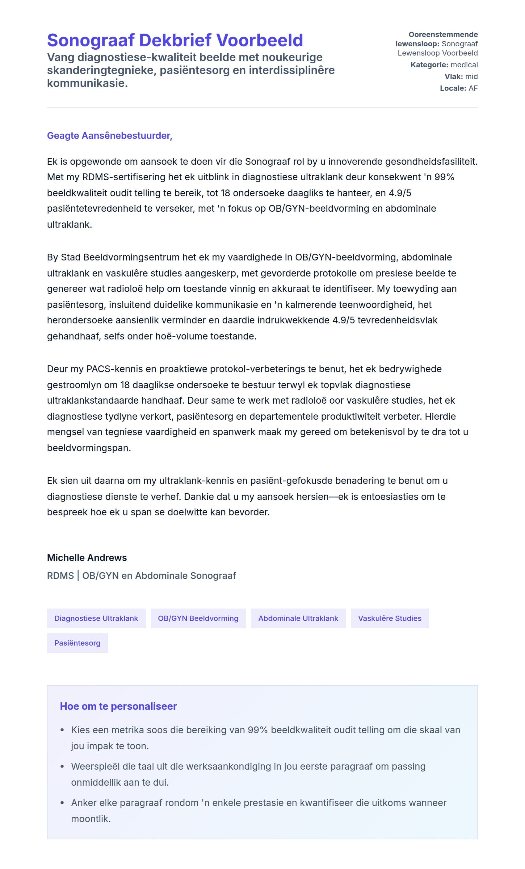 Solbrief-voorskou vir Sonograaf Dekbrief Voorbeeld