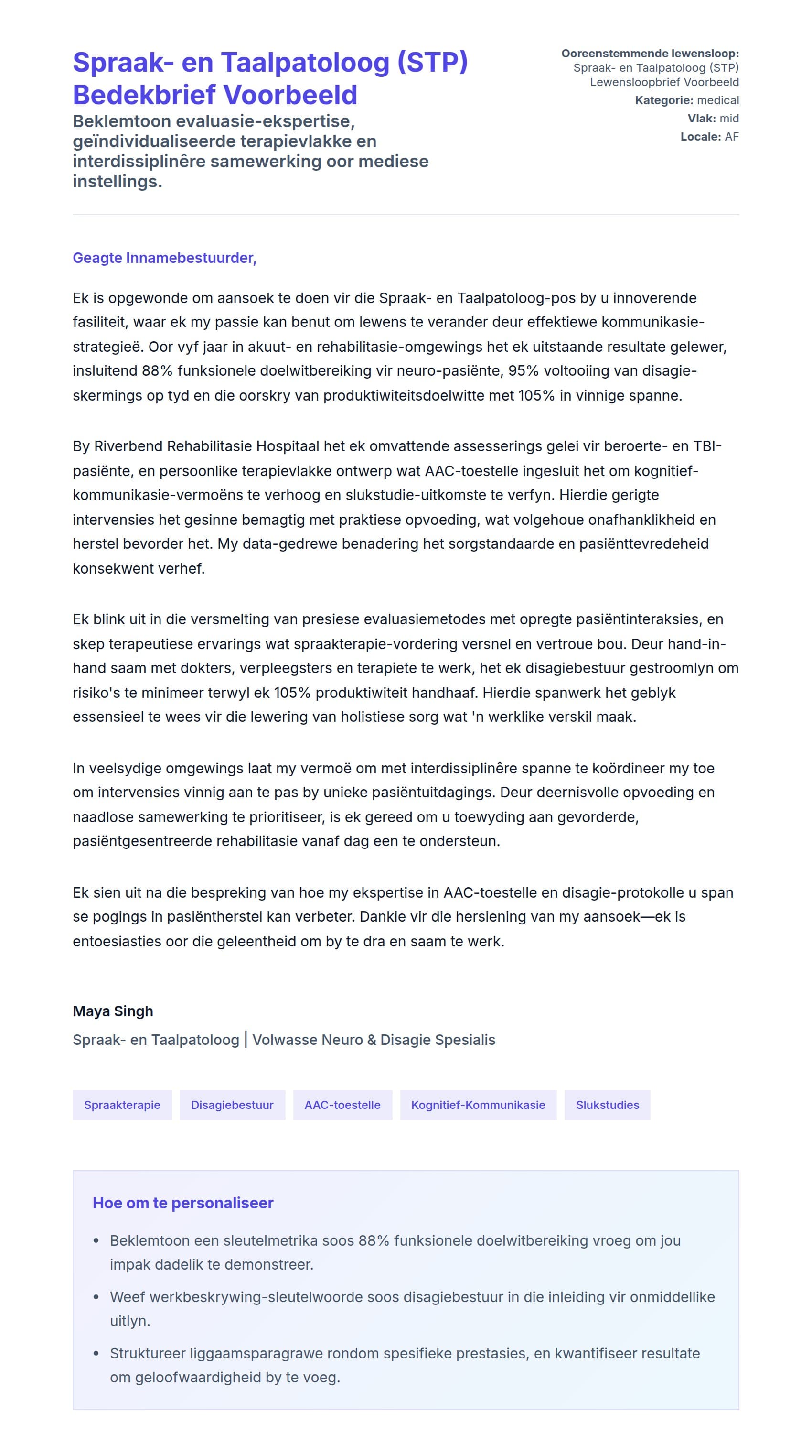 Solbrief-voorskou vir Spraak- en Taalpatoloog (STP) Bedekbrief Voorbeeld
