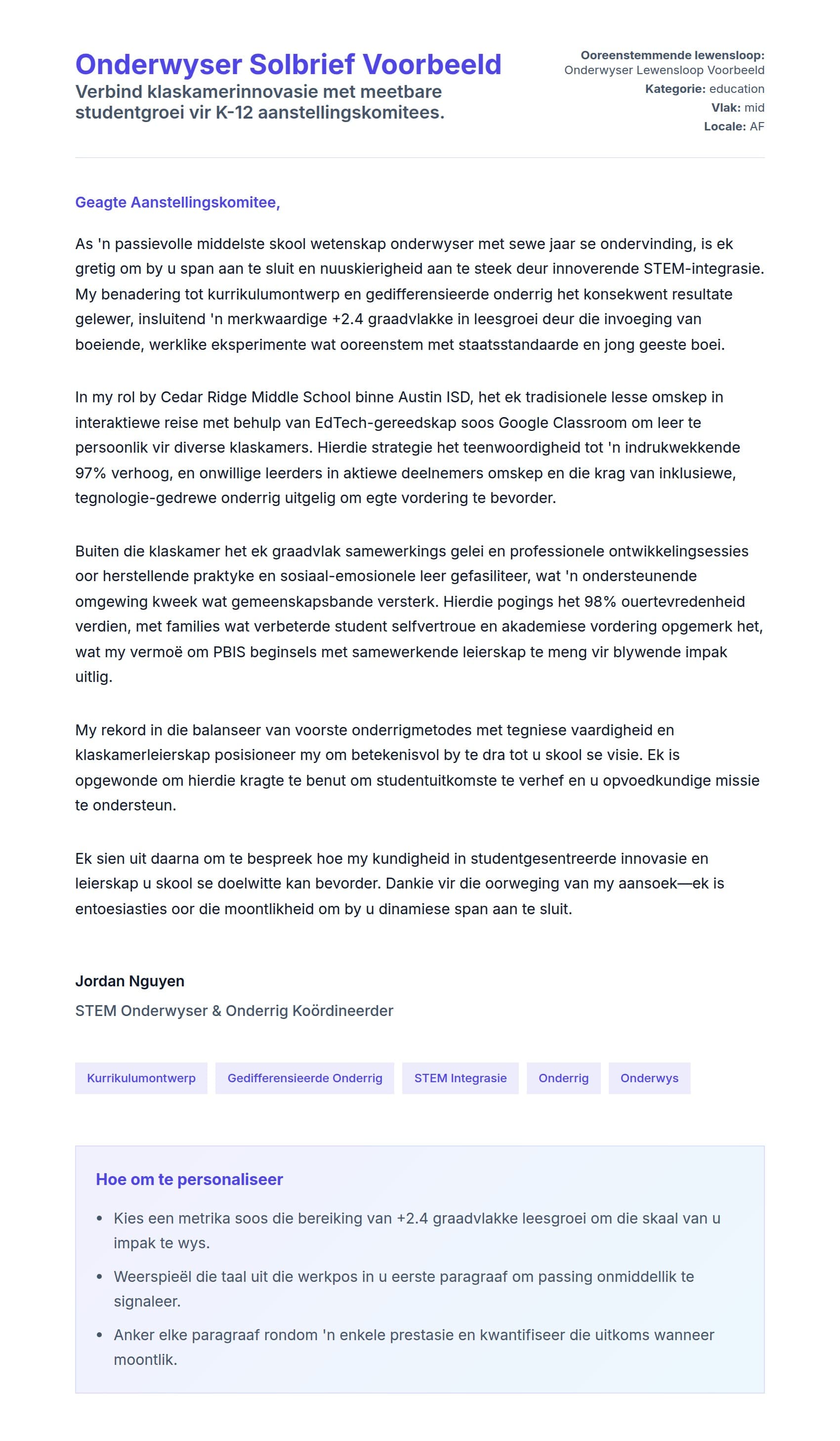 Solbrief-voorskou vir Onderwyser Solbrief Voorbeeld