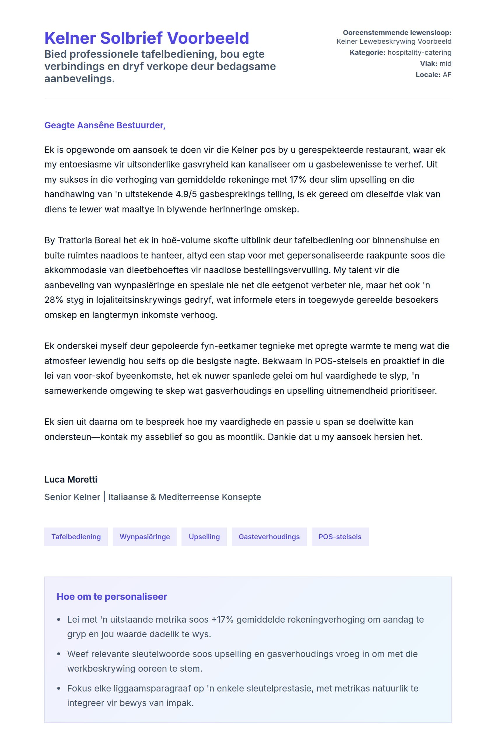 Solbrief-voorskou vir Kelner Solbrief Voorbeeld