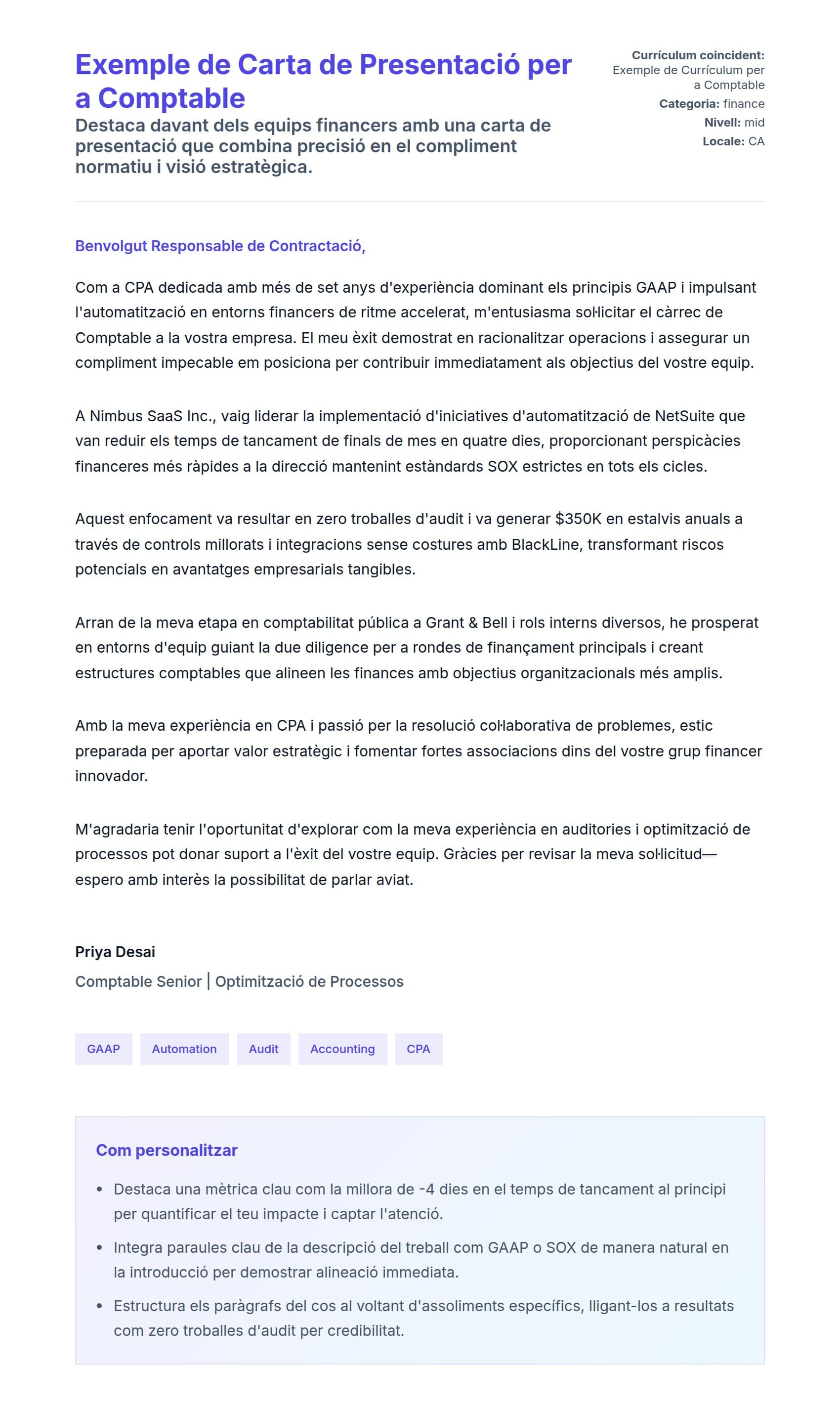 Previsualització de la carta de presentació per a Exemple de Carta de Presentació per a Comptable