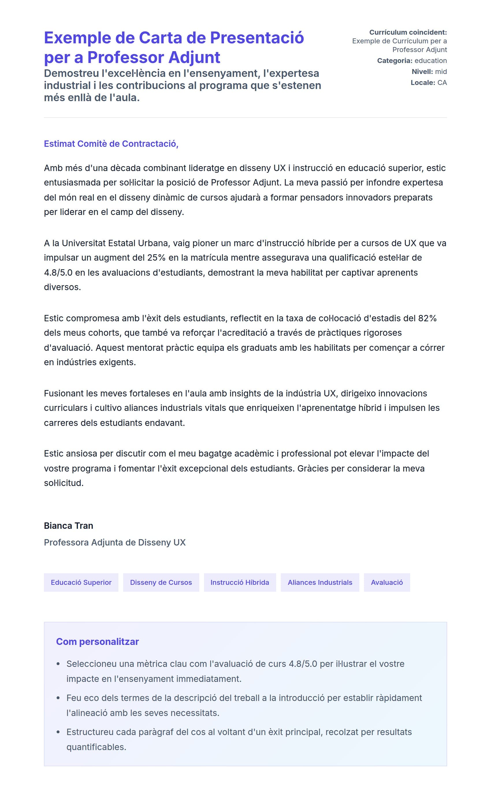 Previsualització de la carta de presentació per a Exemple de Carta de Presentació per a Professor Adjunt