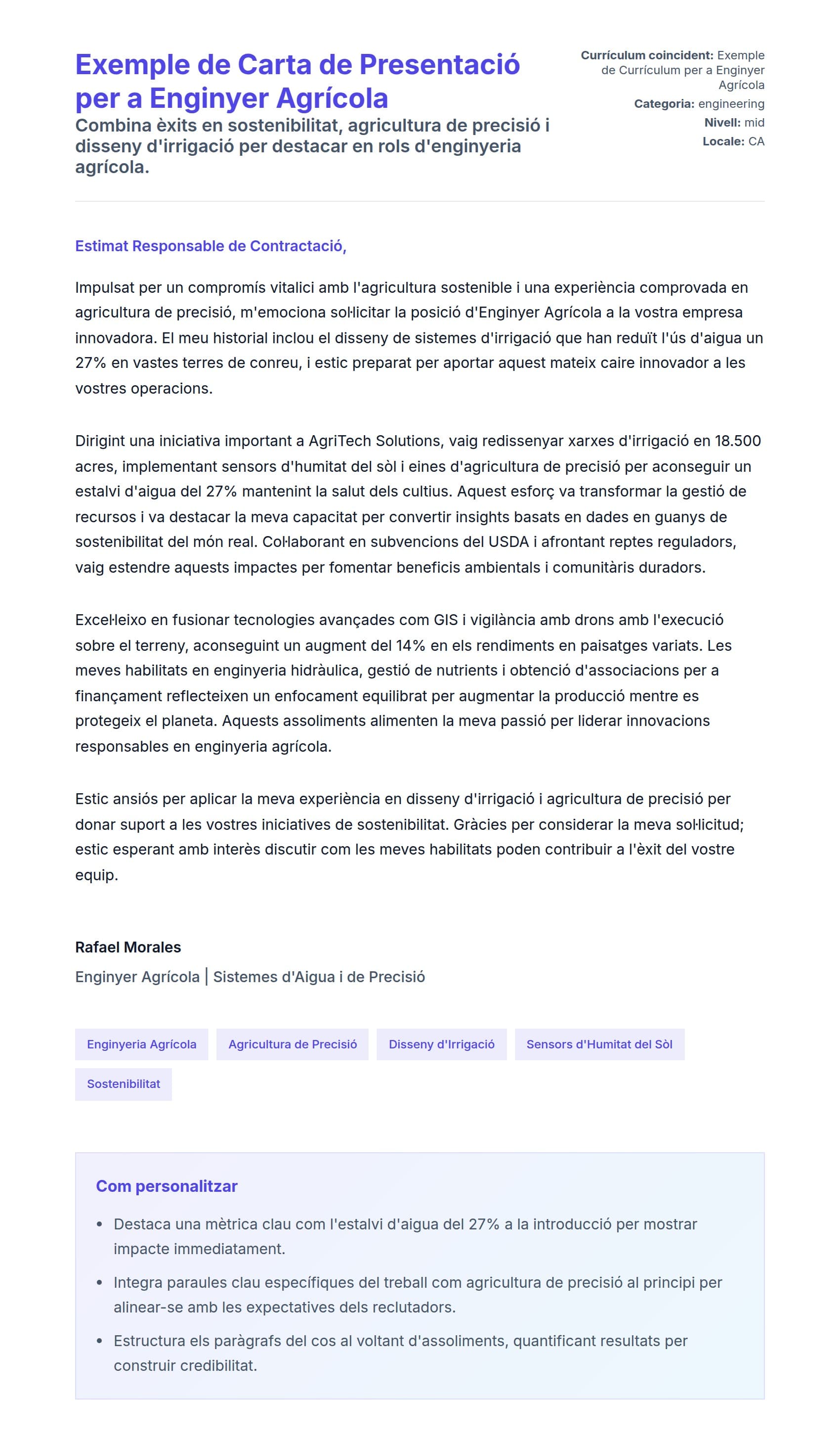 Previsualització de la carta de presentació per a Exemple de Carta de Presentació per a Enginyer Agrícola