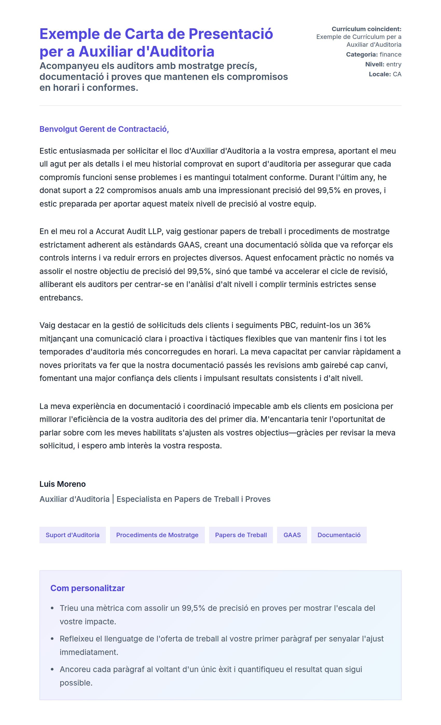 Previsualització de la carta de presentació per a Exemple de Carta de Presentació per a Auxiliar d'Auditoria