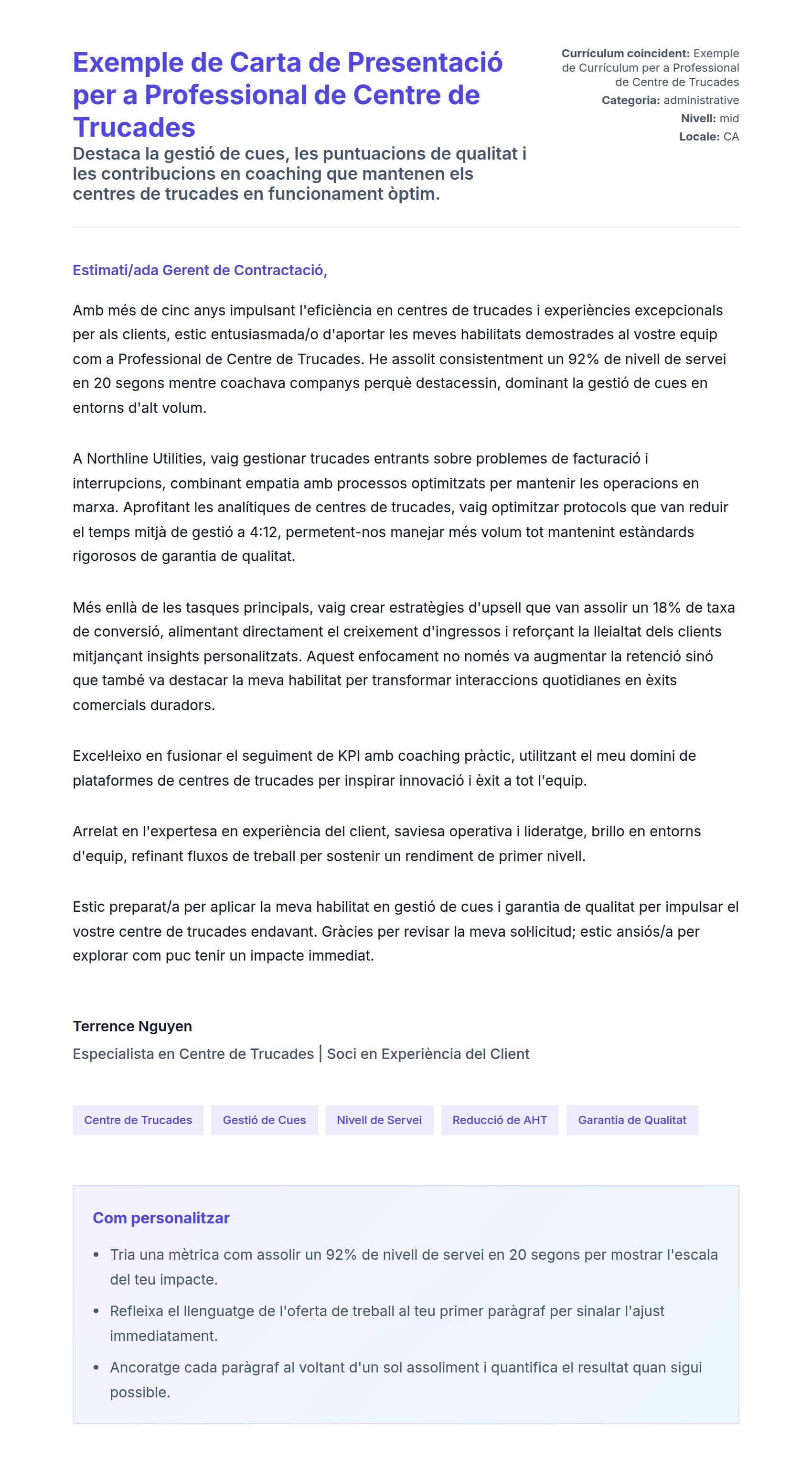 Exemple de Carta de Presentació per a Professional de Centre de Trucades