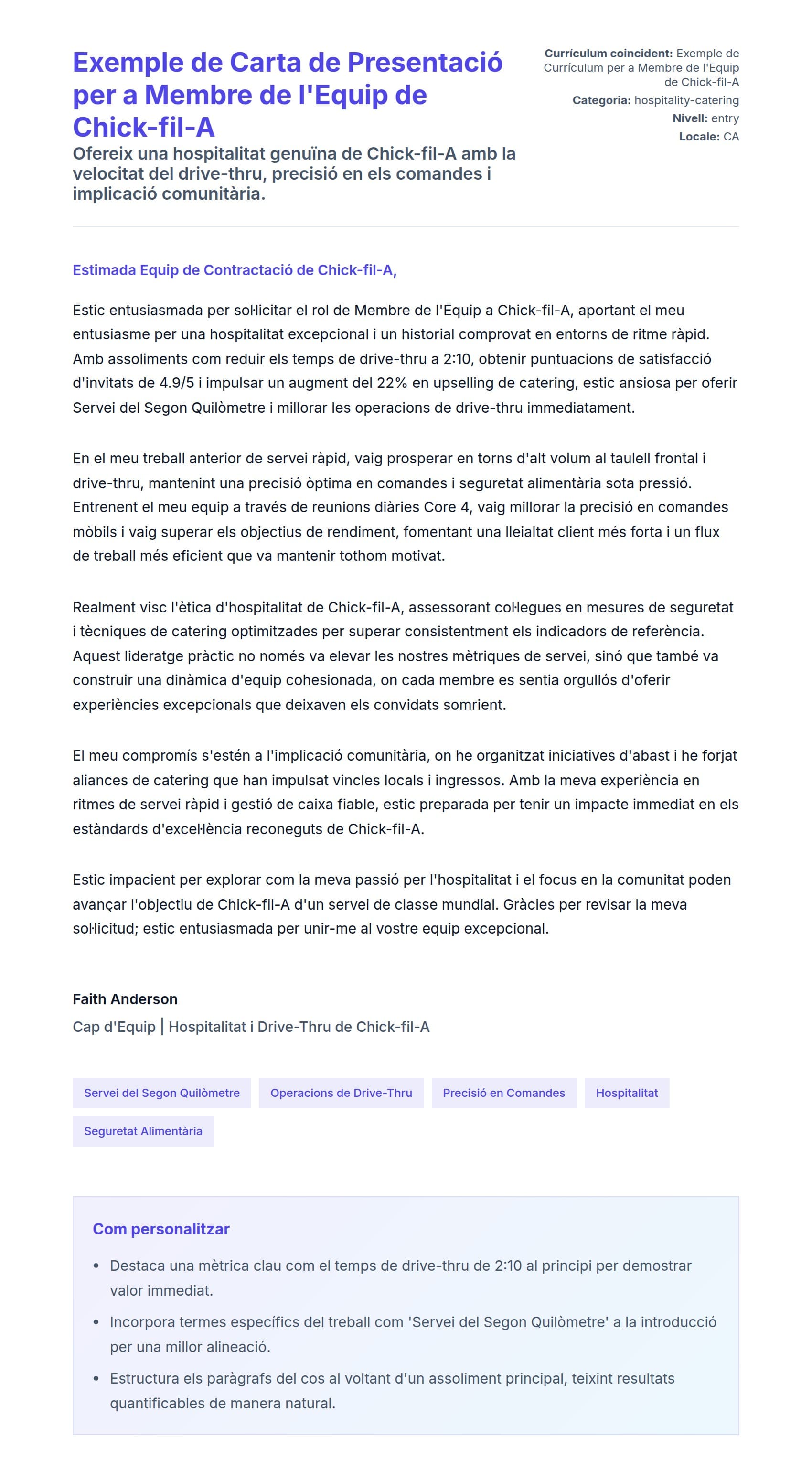 Previsualització de la carta de presentació per a Exemple de Carta de Presentació per a Membre de l'Equip de Chick-fil-A