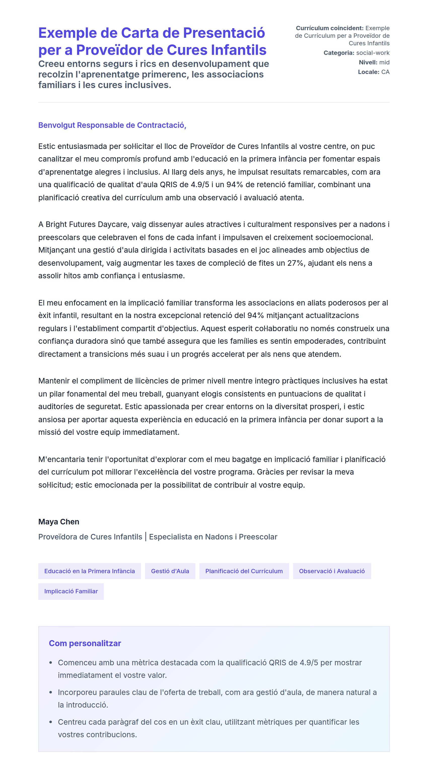 Previsualització de la carta de presentació per a Exemple de Carta de Presentació per a Proveïdor de Cures Infantils