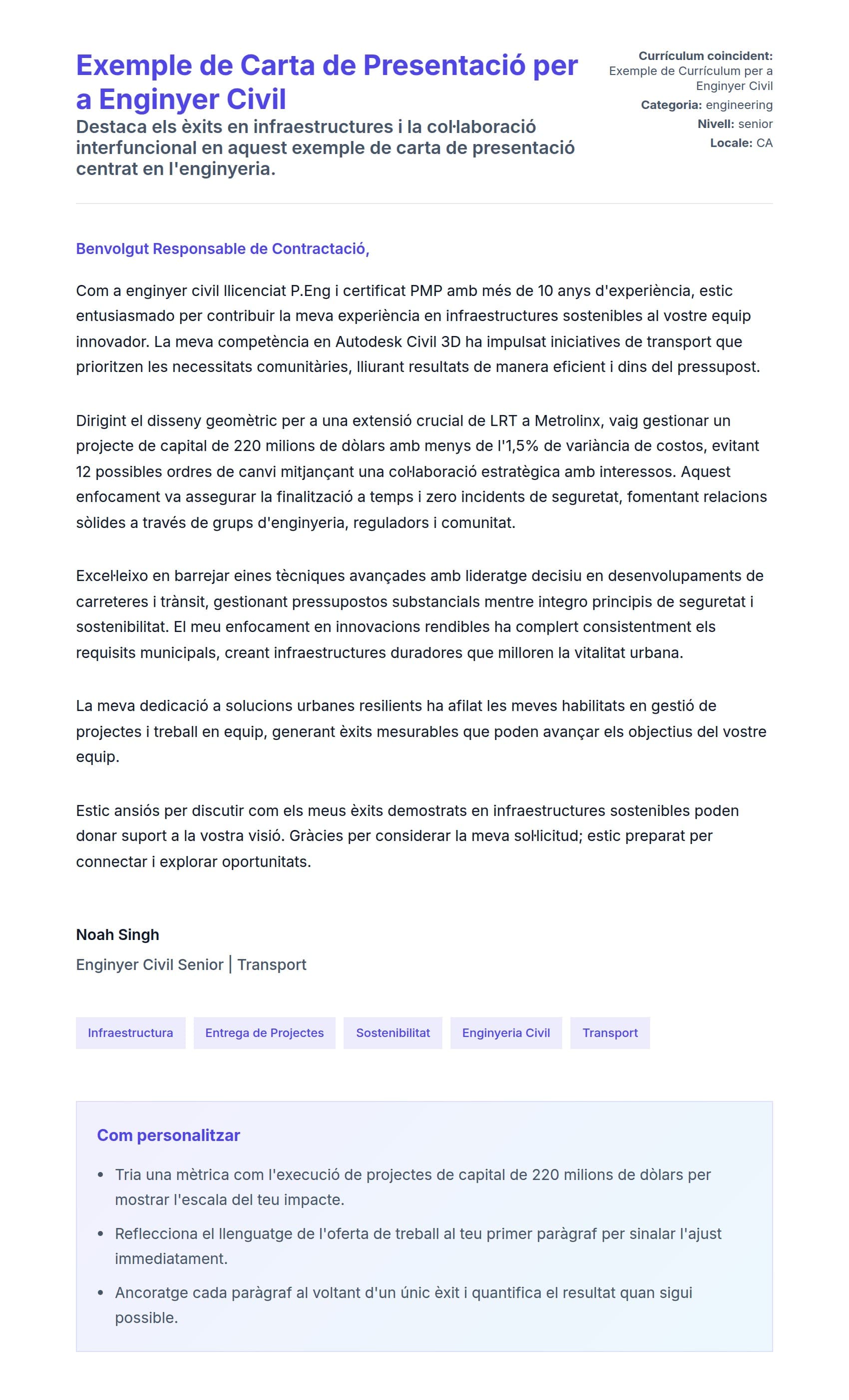 Previsualització de la carta de presentació per a Exemple de Carta de Presentació per a Enginyer Civil