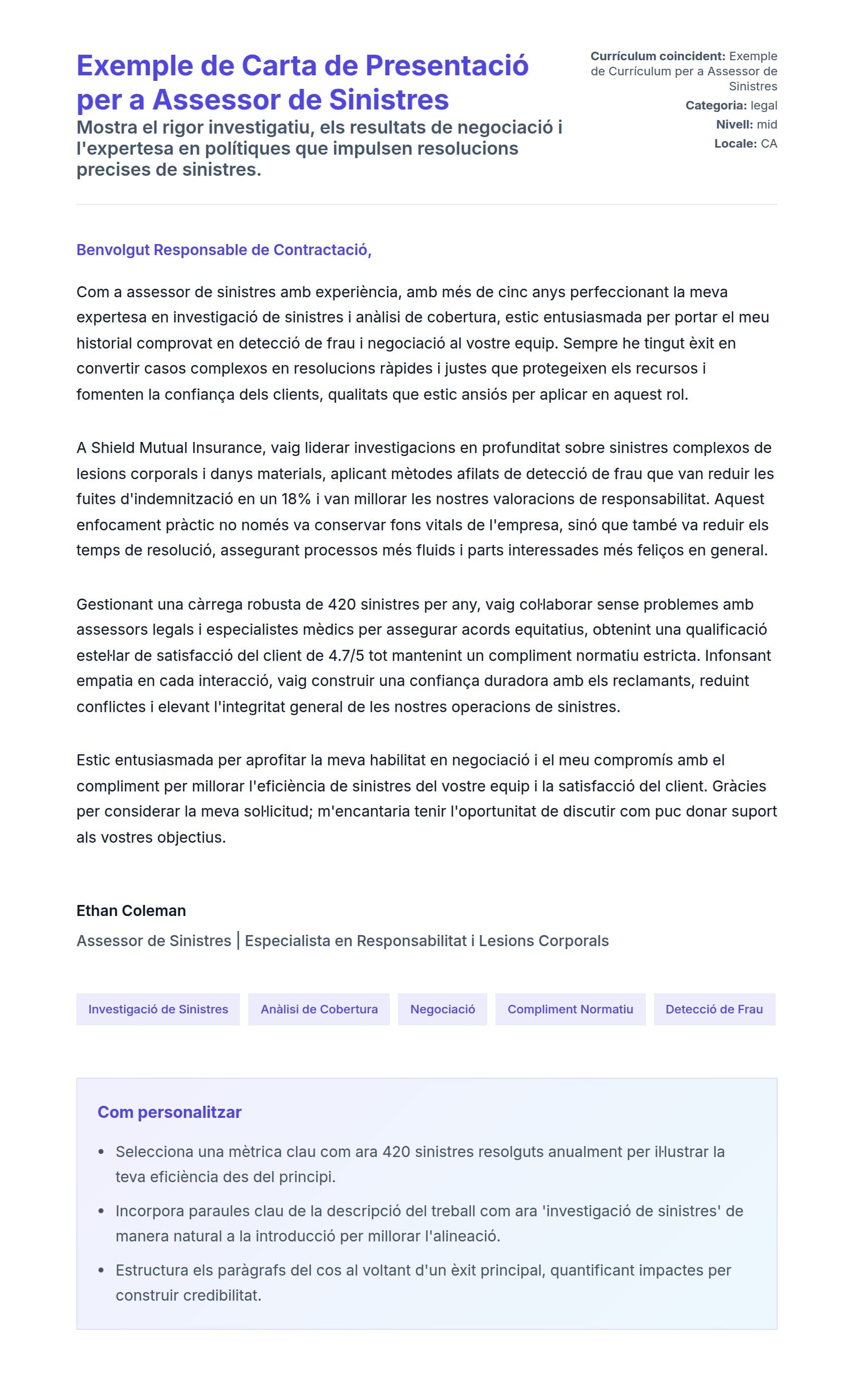 Previsualització de la carta de presentació per a Exemple de Carta de Presentació per a Assessor de Sinistres