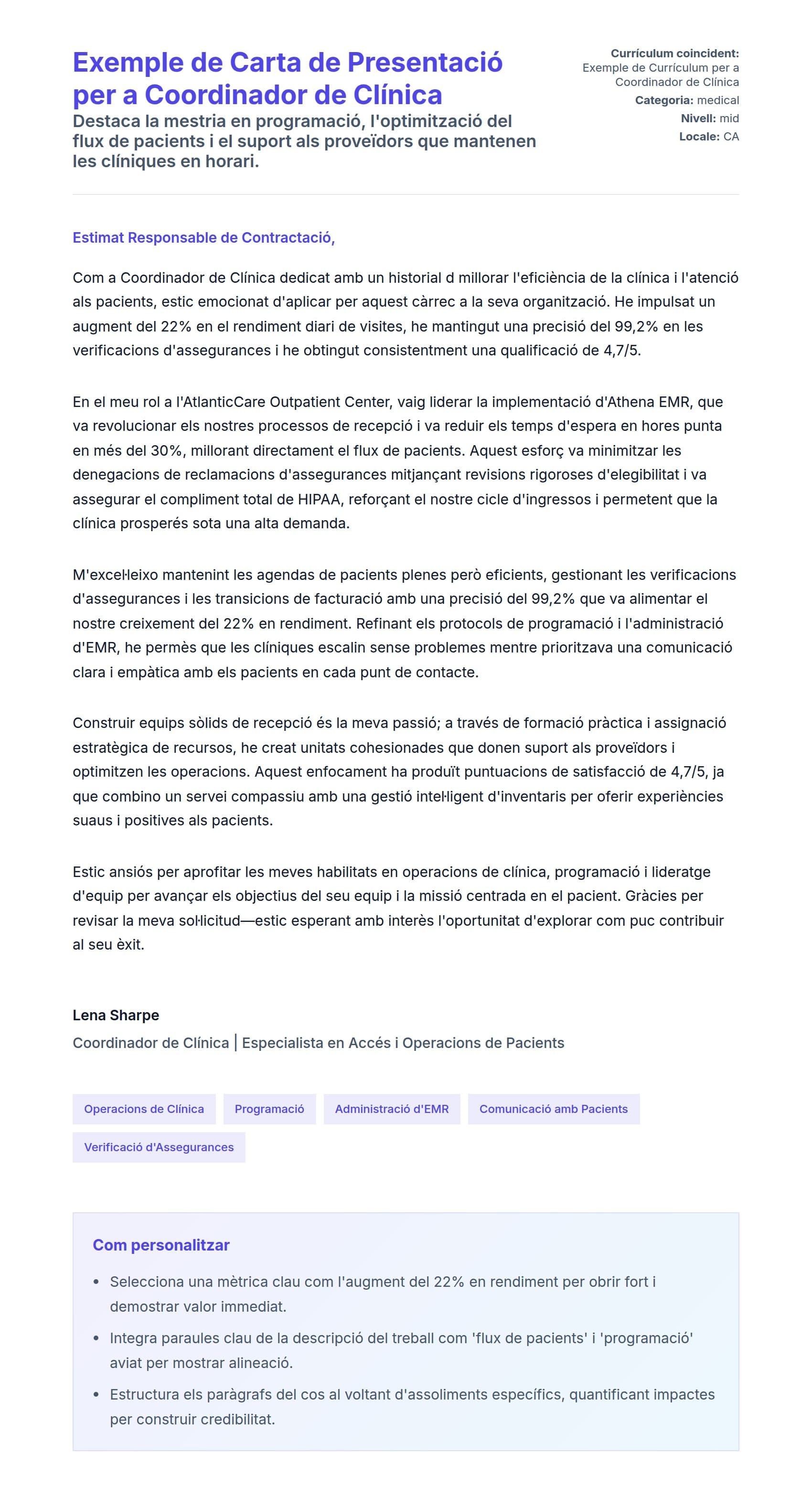 Previsualització de la carta de presentació per a Exemple de Carta de Presentació per a Coordinador de Clínica