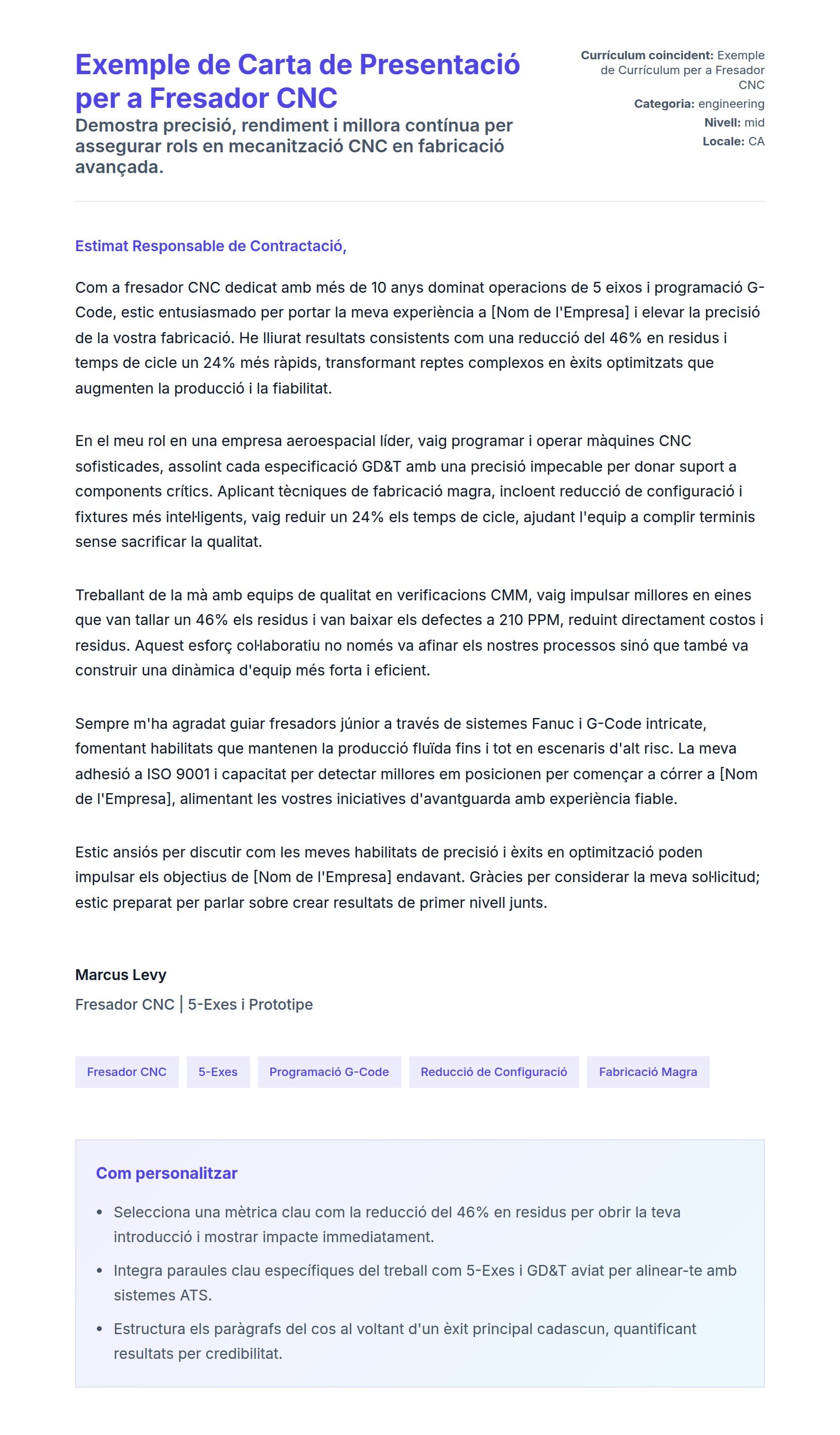 Previsualització de la carta de presentació per a Exemple de Carta de Presentació per a Fresador CNC