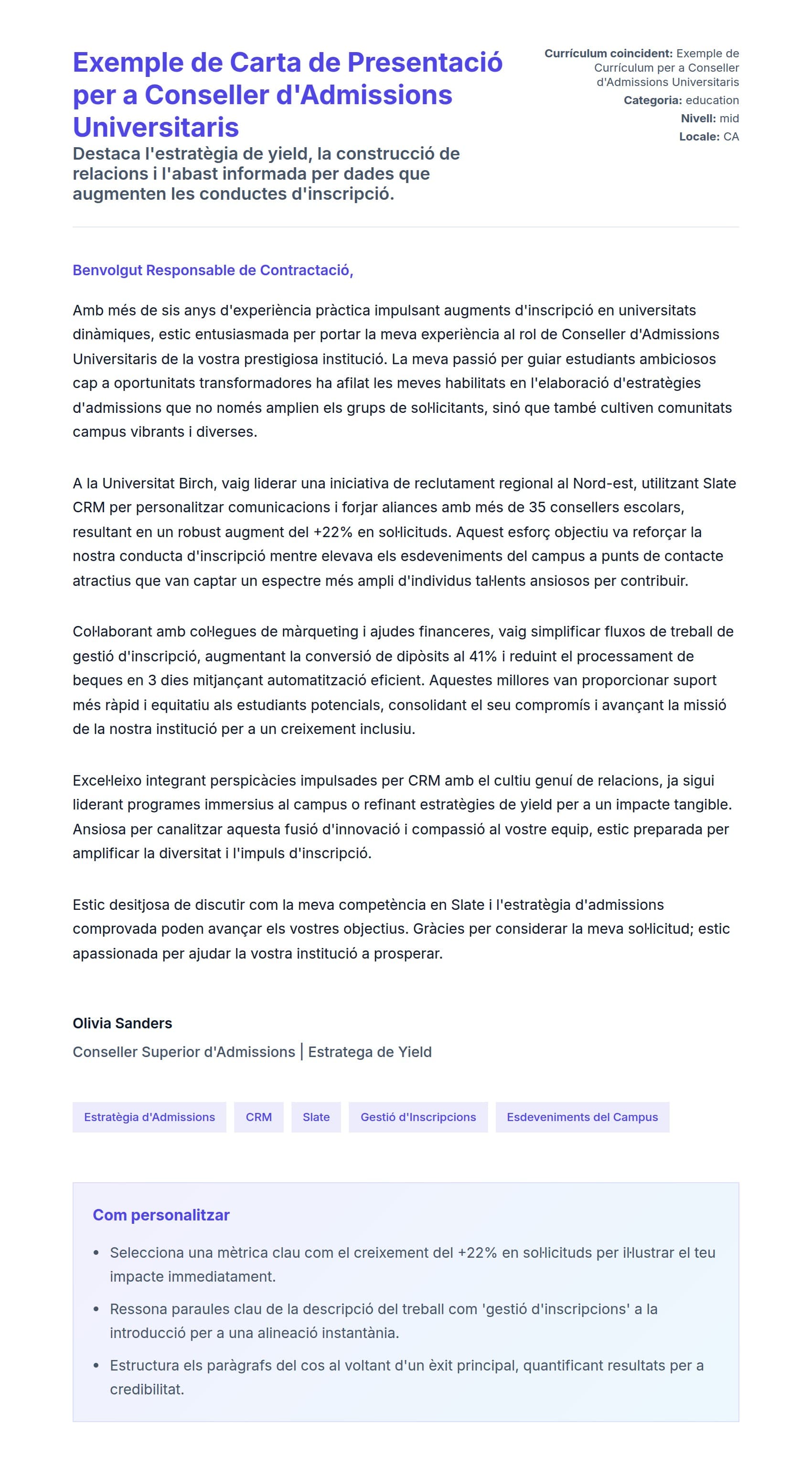 Previsualització de la carta de presentació per a Exemple de Carta de Presentació per a Conseller d'Admissions Universitaris