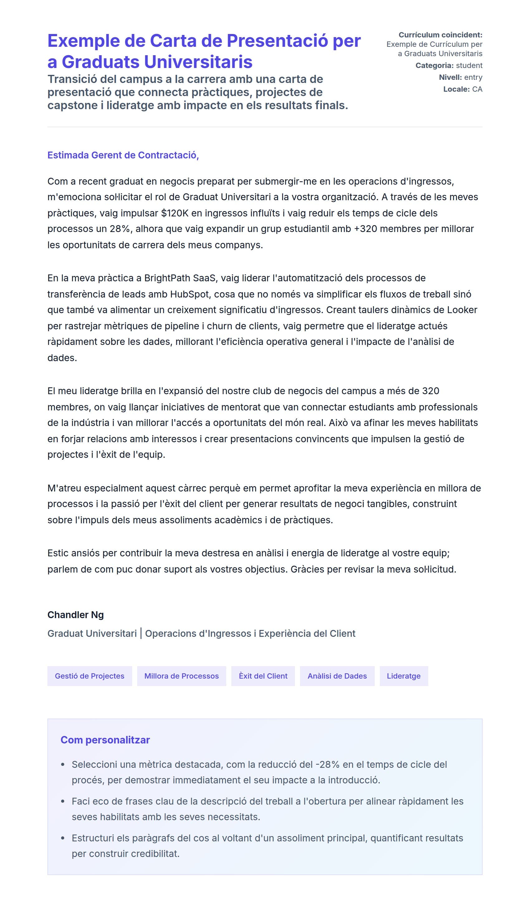 Previsualització de la carta de presentació per a Exemple de Carta de Presentació per a Graduats Universitaris