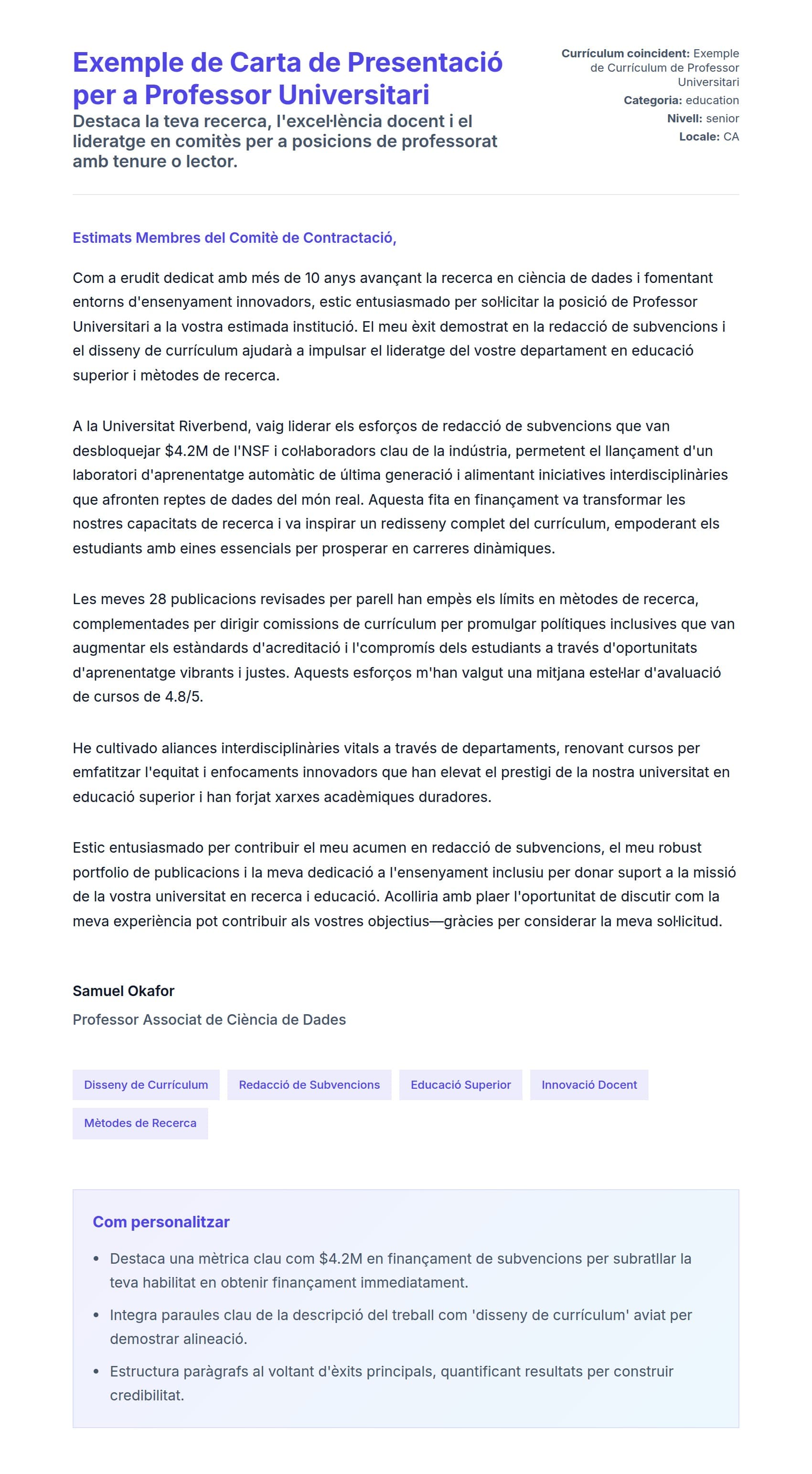 Previsualització de la carta de presentació per a Exemple de Carta de Presentació per a Professor Universitari